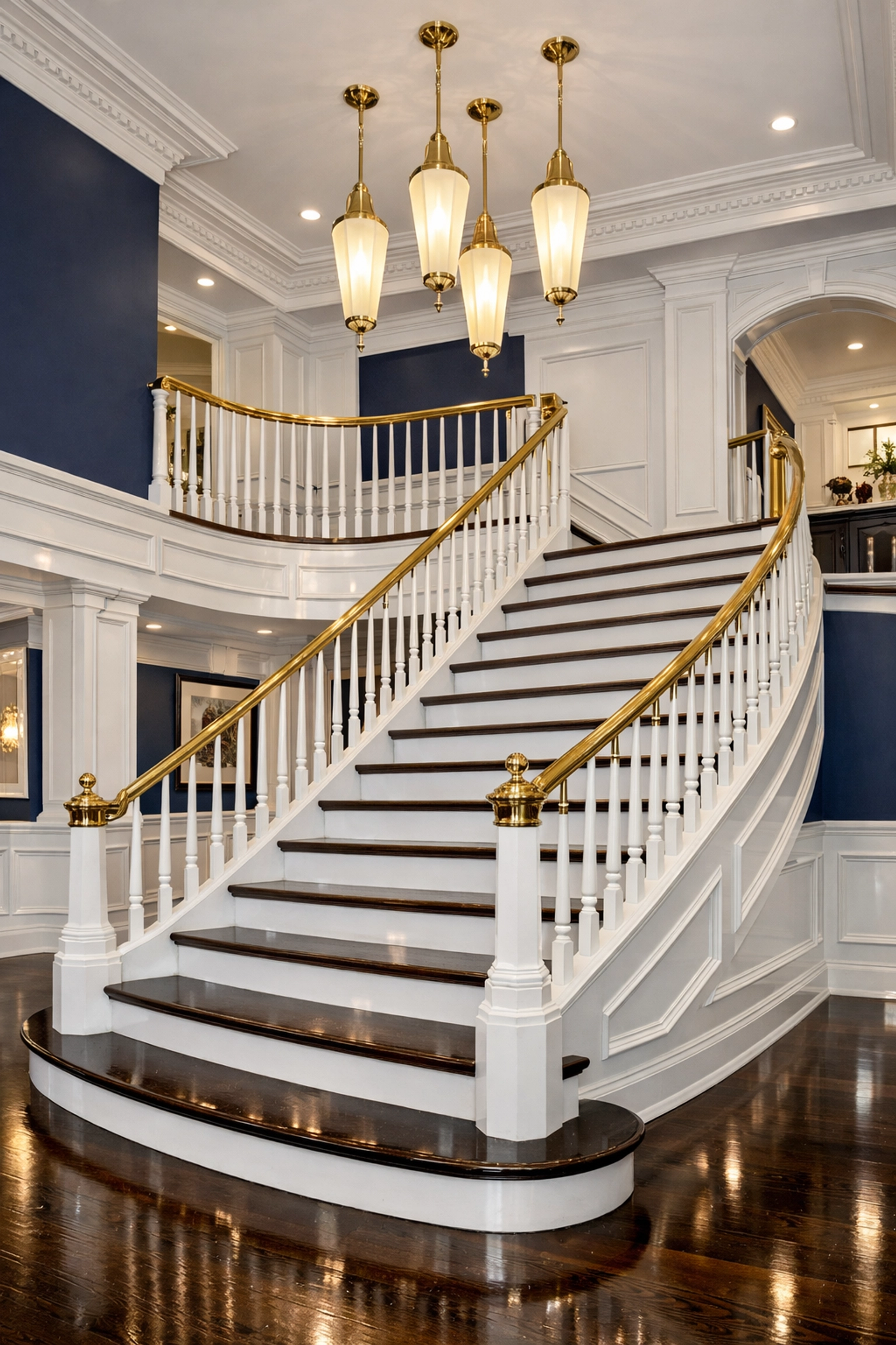 Dust-free luxury staircase and reflective floors after a deep residential cleaning in Marblehead.