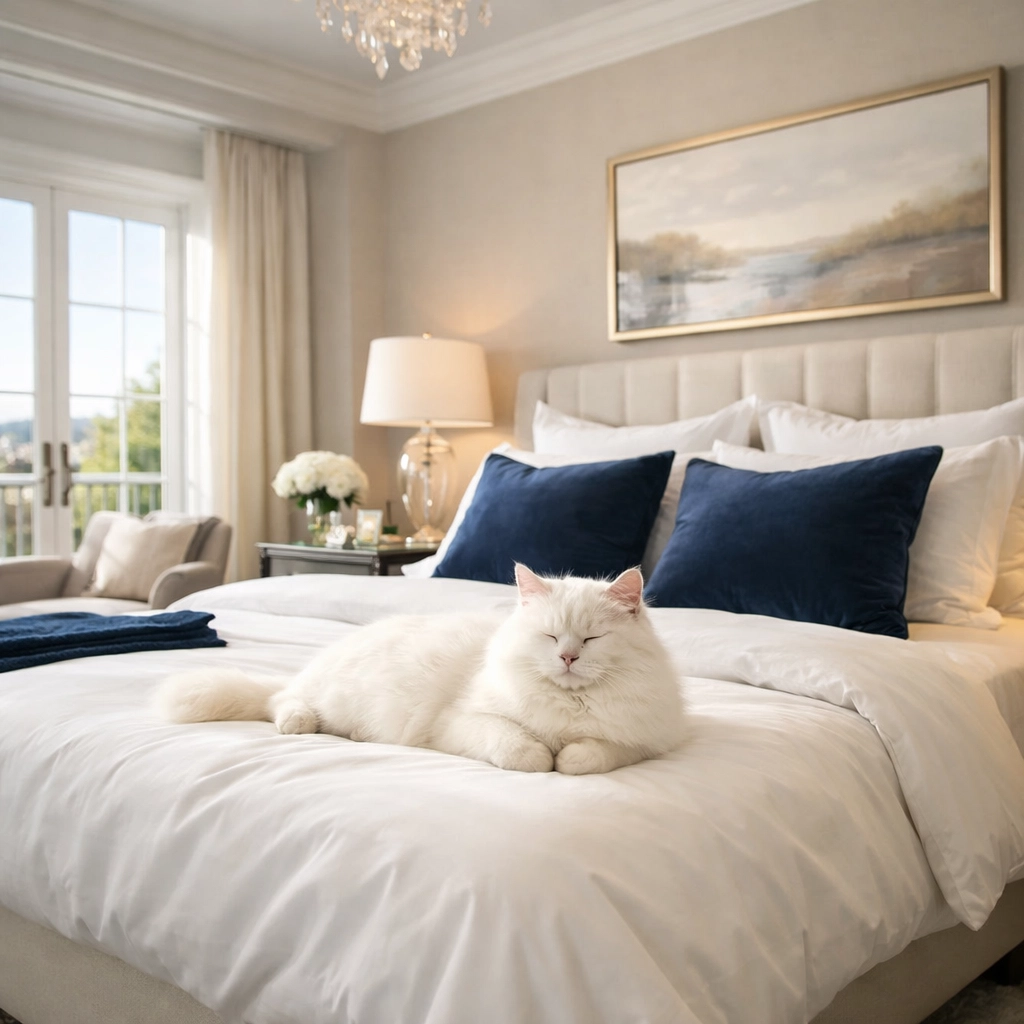 A fresh, allergen-free Fitchburg bedroom with a cat resting on clean white bed linens.