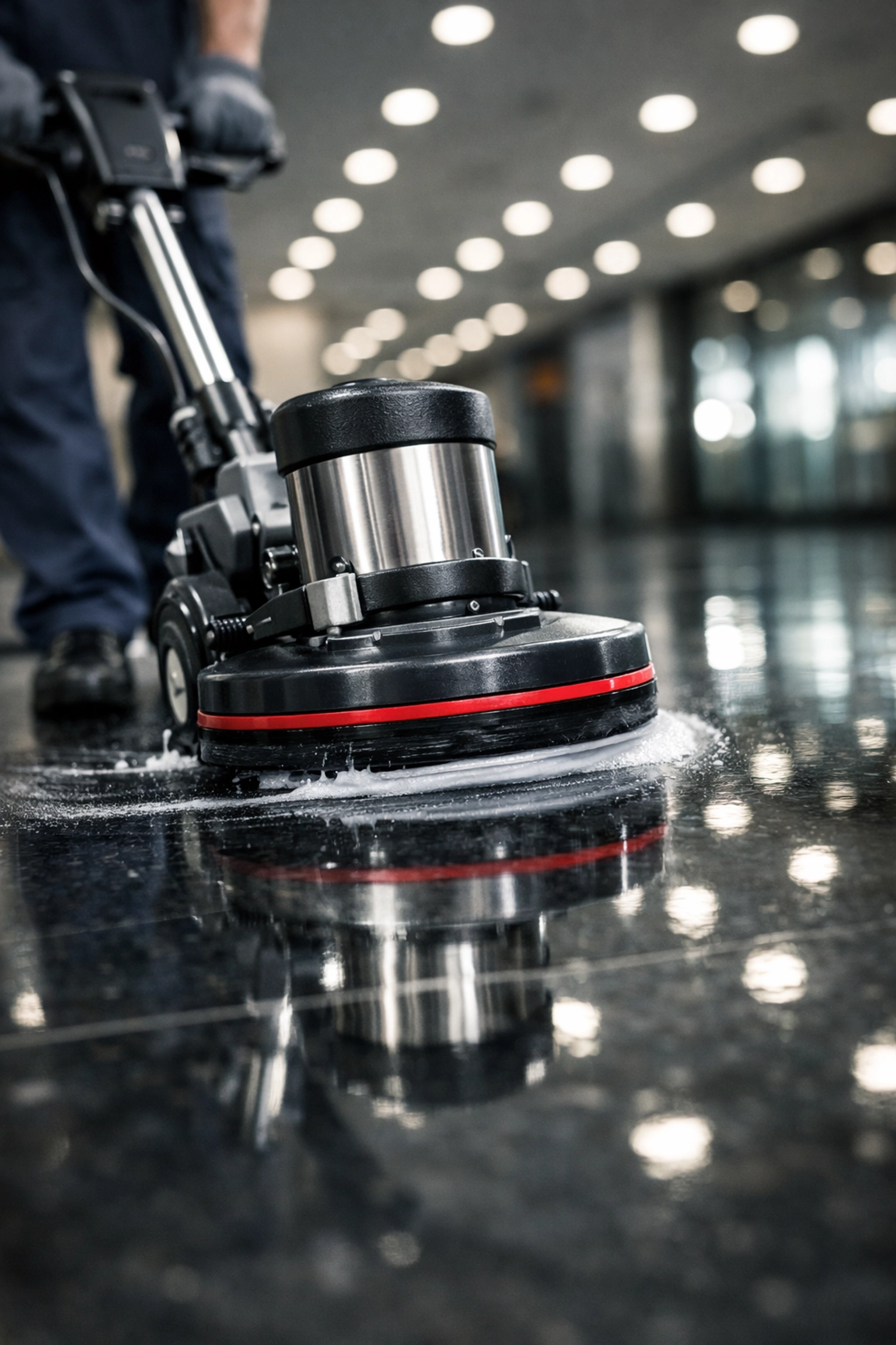 An industrial floor buffer cleaning a commercial lobby as part of a contract cleaning stabilization plan.