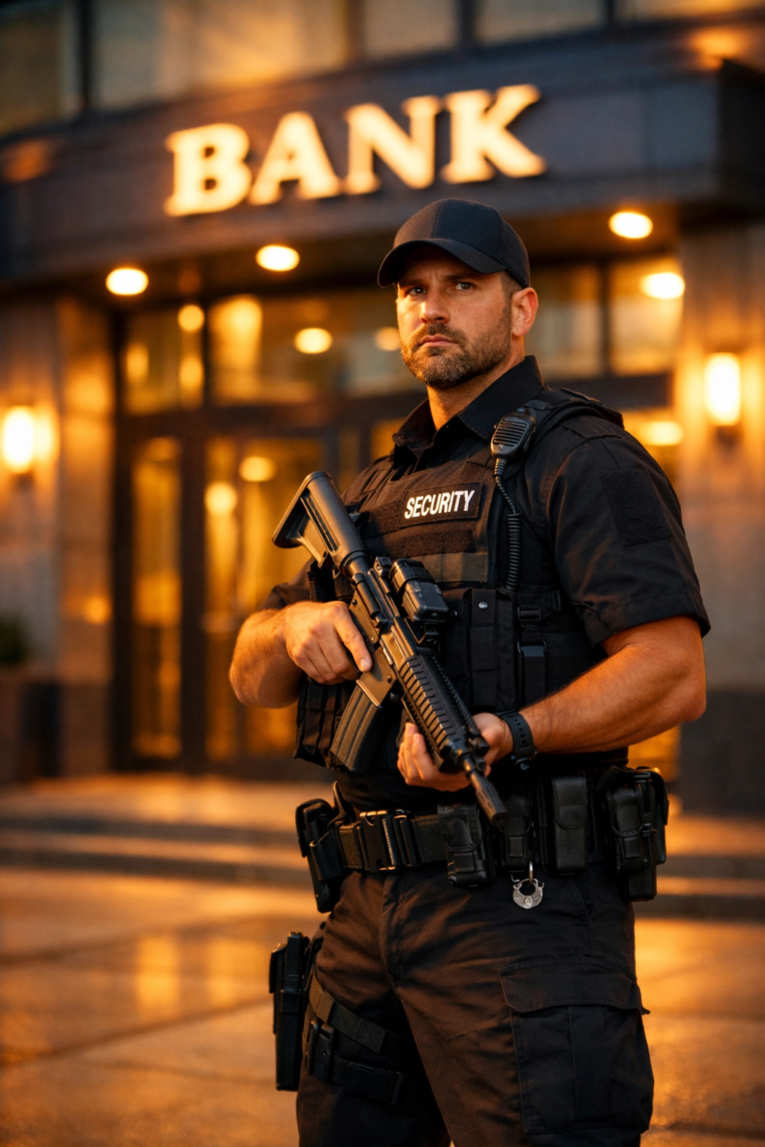 Armed security guard protecting bank entrance