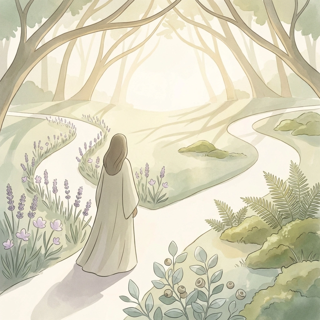 Person at garden crossroads with leafy paths, representing holistic choices and integrative health journeys