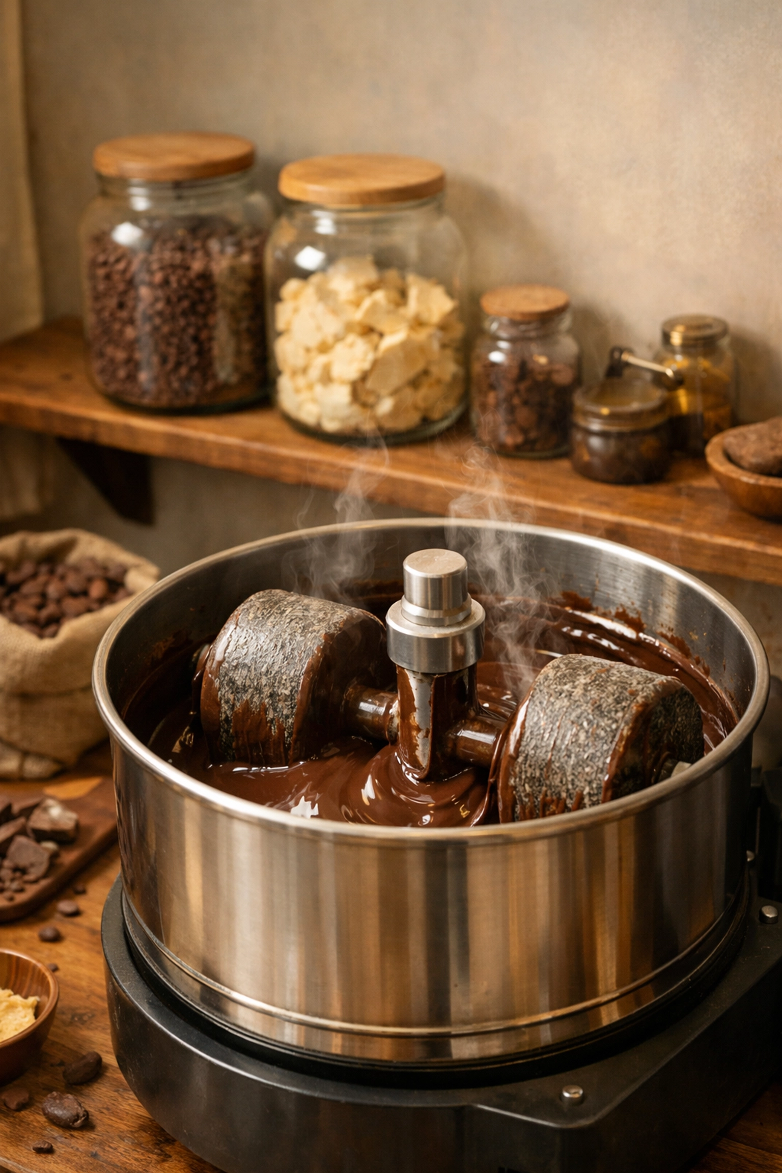 Home bean-to-bar workspace with stone grinder and cacao ingredients for craft chocolate making