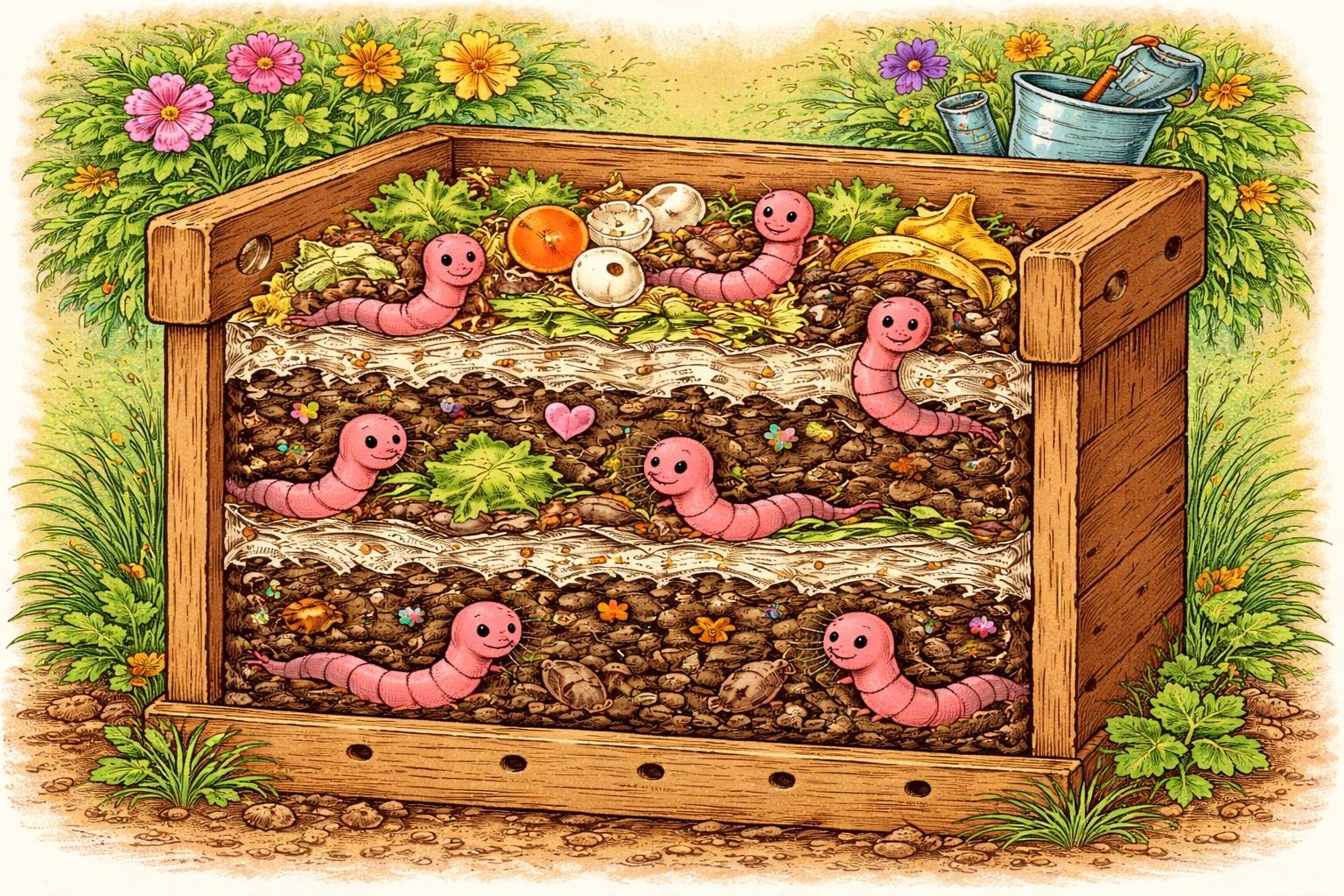 Cross-section cartoon of a worm composting bin with smiling worms eating veggie scraps for hands-on soil science