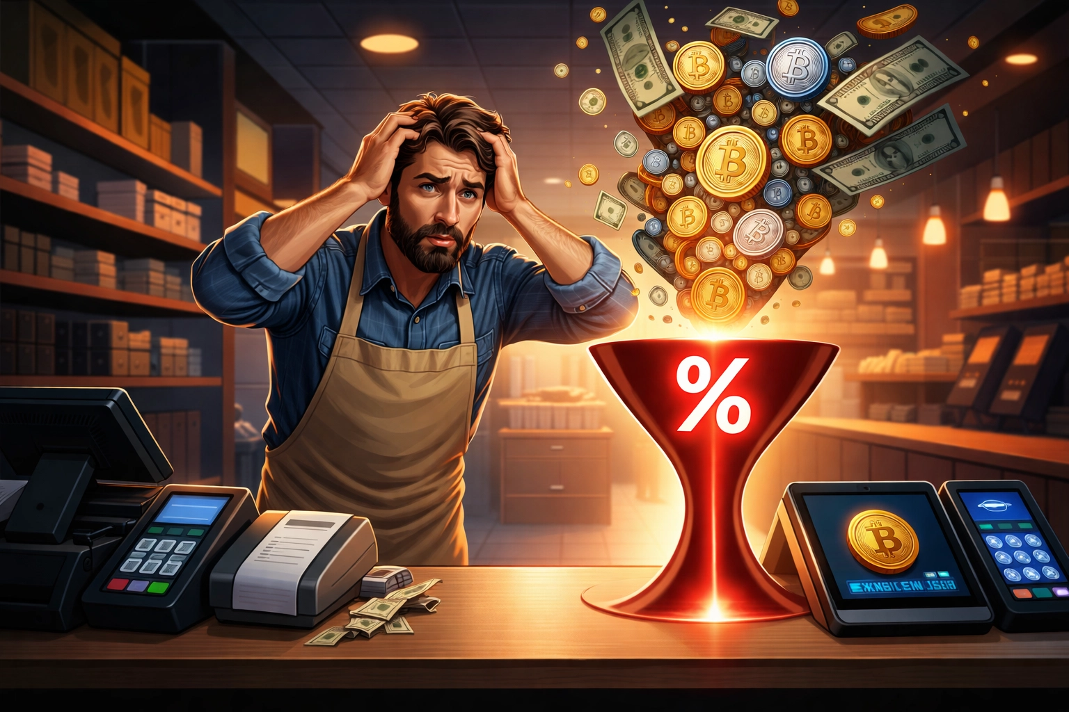 Small business owner losing money on payment fees at checkout, comparing crypto POS systems for lower costs