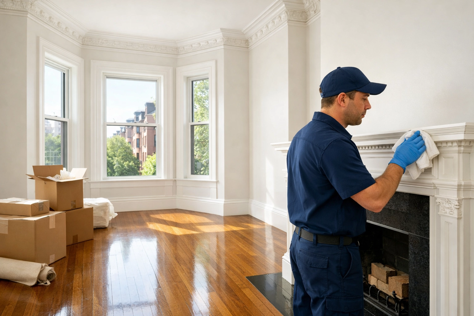 Professional move-in cleaning of a historic Boston brownstone during apartment turnover.