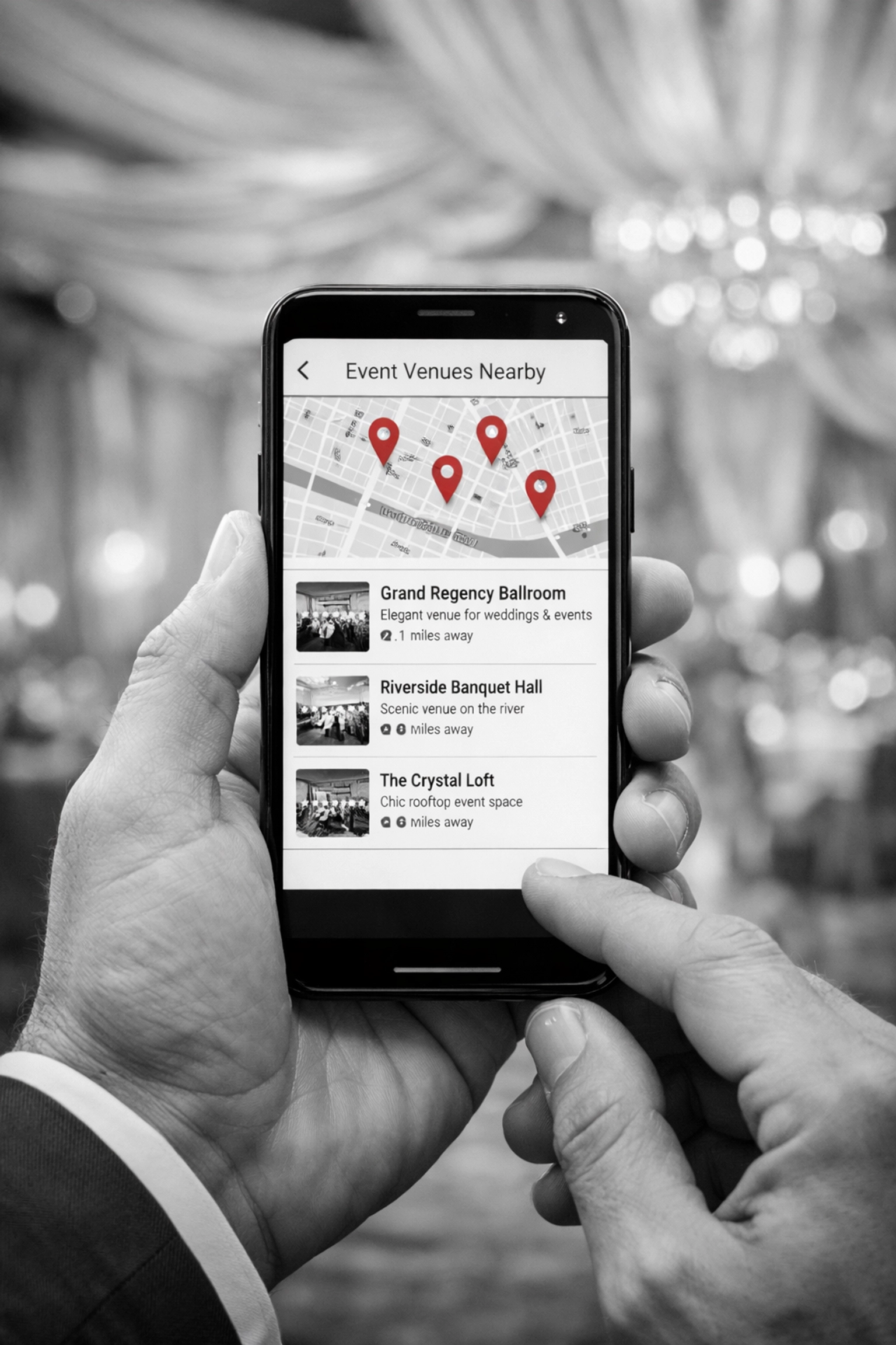 Smartphone showing Google Maps event venue search results with local pins