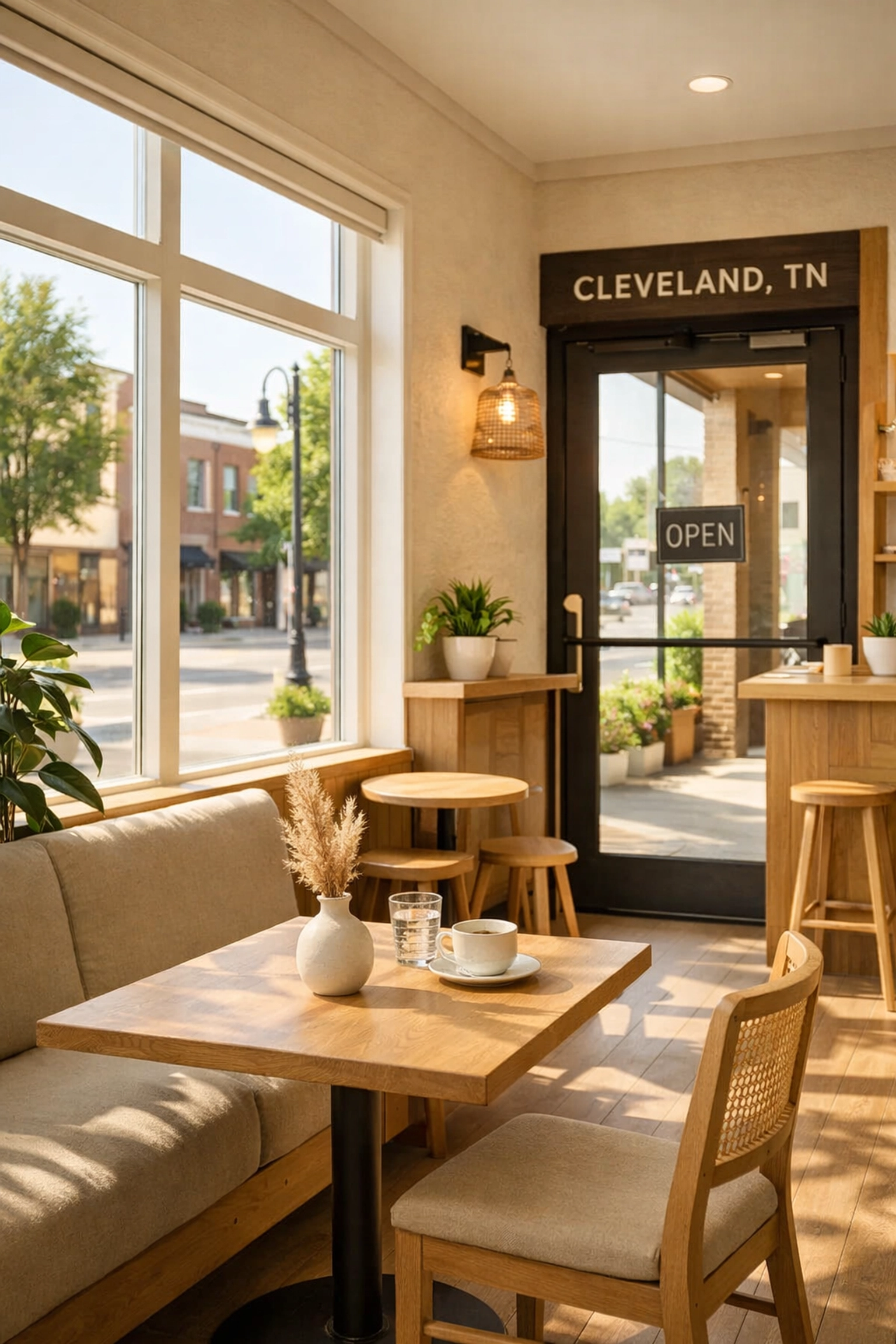Cozy modern cafe in Cleveland Tennessee reflecting the town's collegiate charm and local amenities.