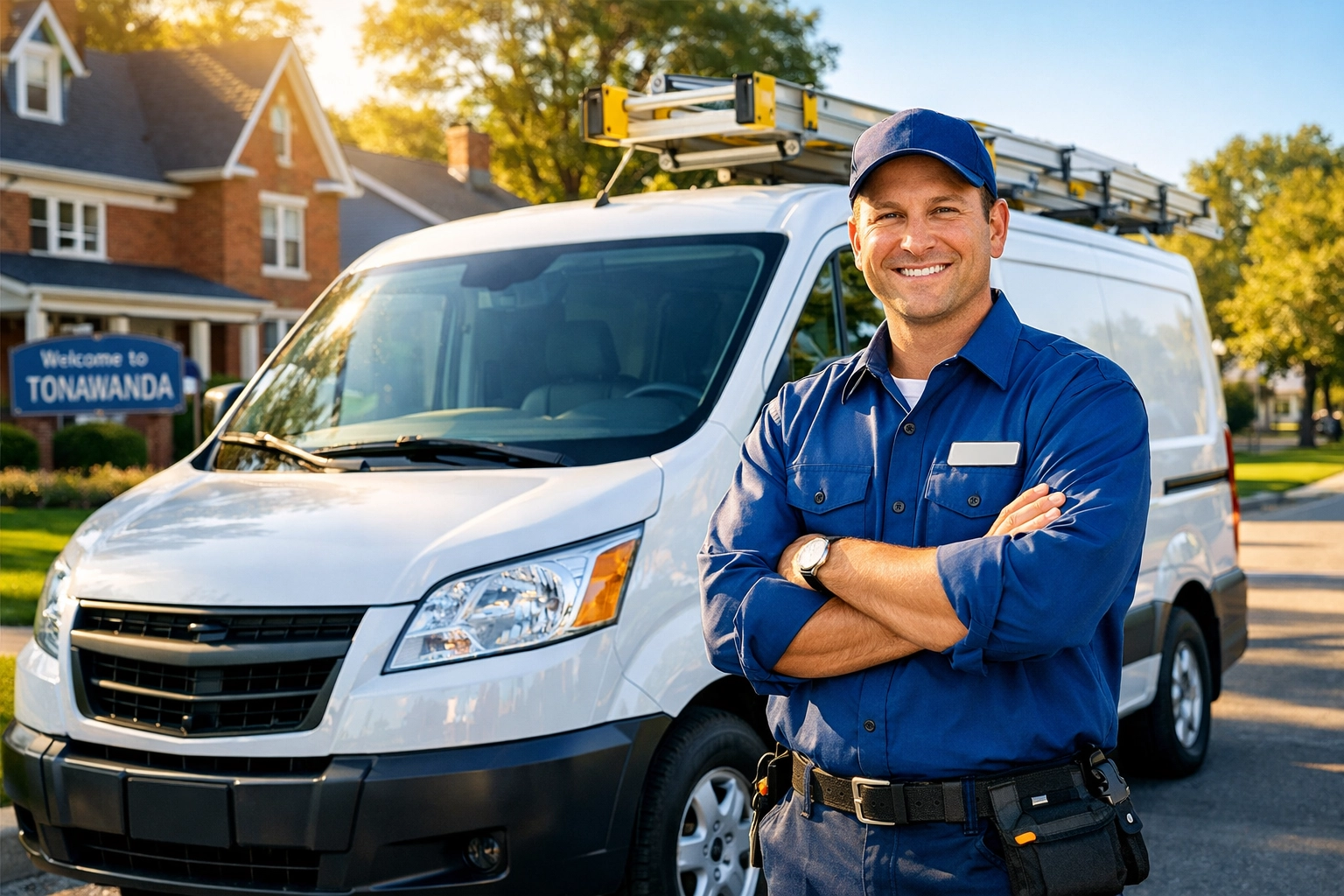 Friendly local HVAC technician with a service van on a sunny residential street in Tonawanda.