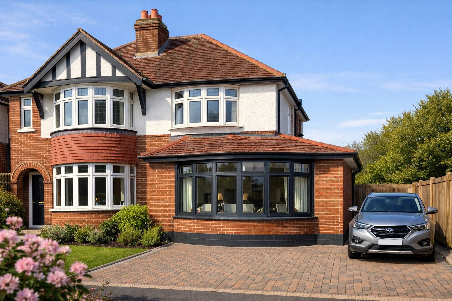 Bournemouth semi-detached house with a garage converted into a modern living room with a large bay window.