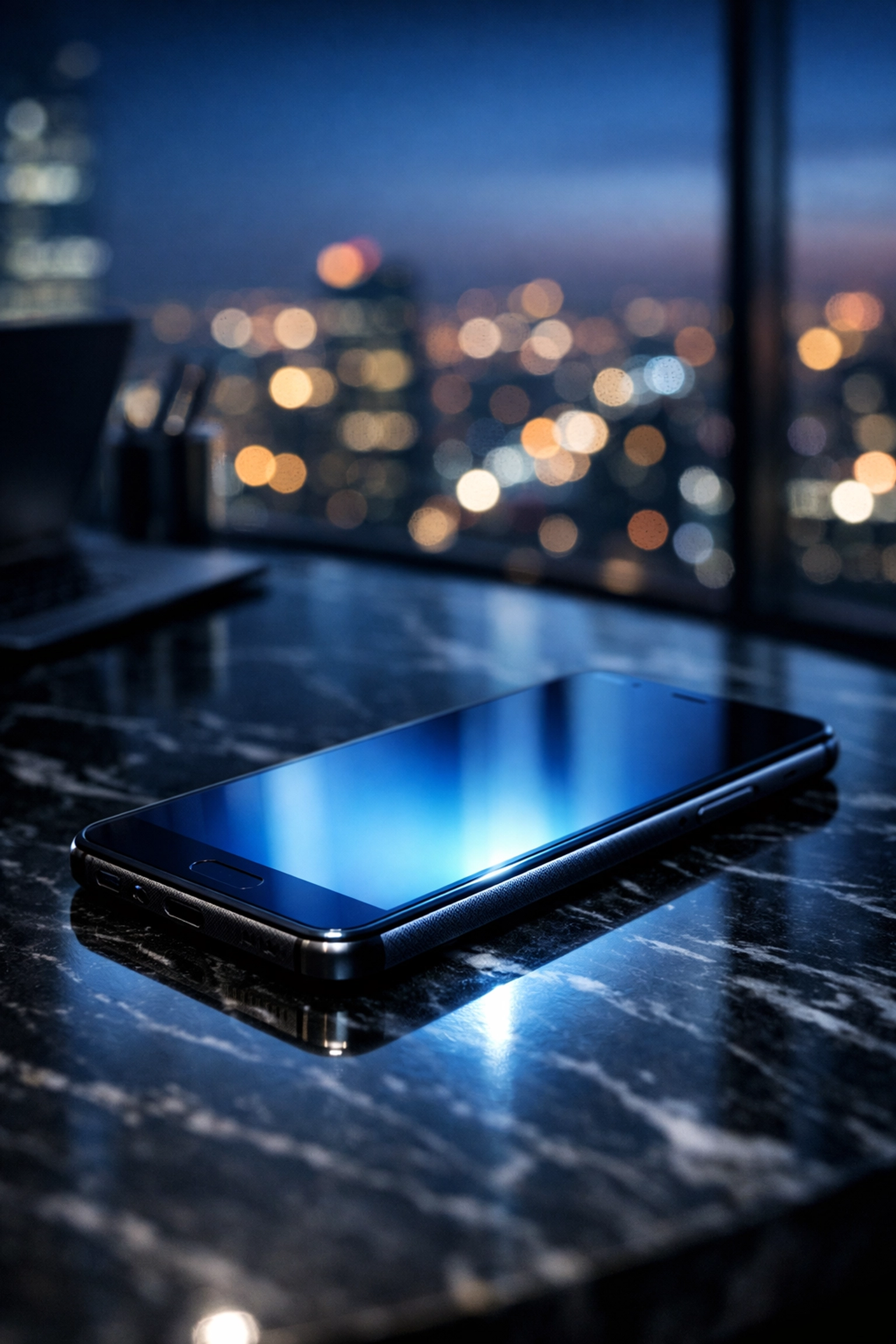 Business professional responding to customer reviews on a smartphone in a modern office