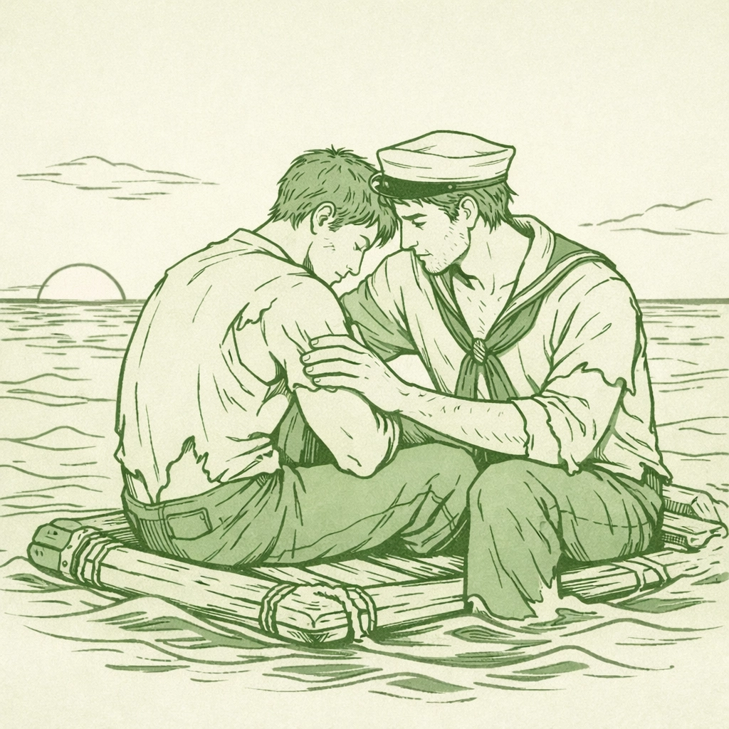Two male sailors on raft after shipwreck showing intimacy in MM survival romance