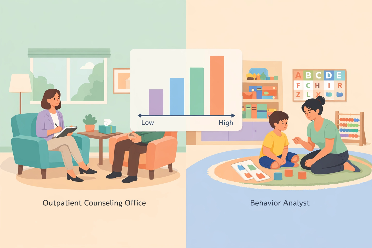 Comparison of behavioral health work settings: outpatient counseling office and ABA classroom environment
