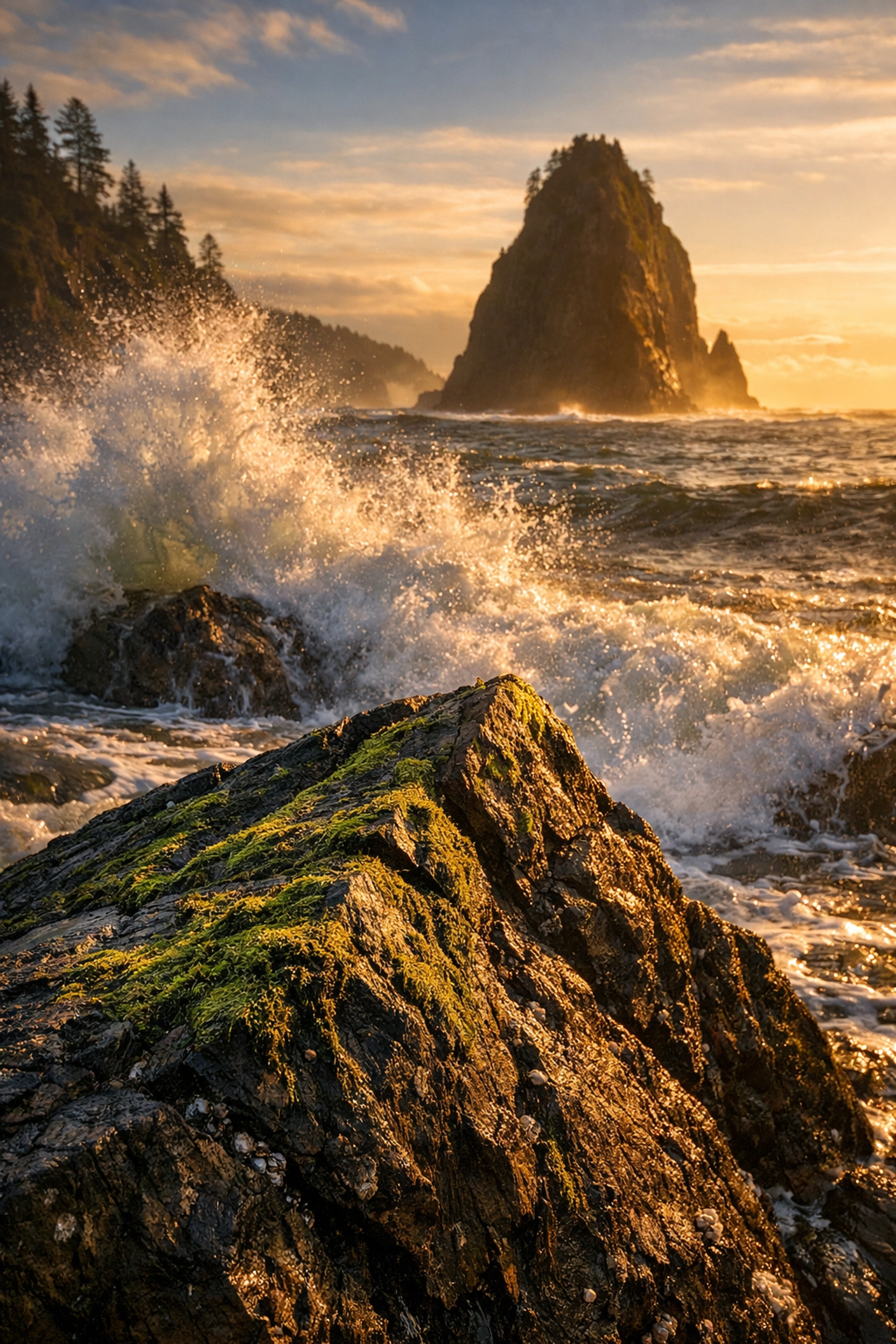 Pacific Northwest coastline landscape photography using a foreground rock to create depth.
