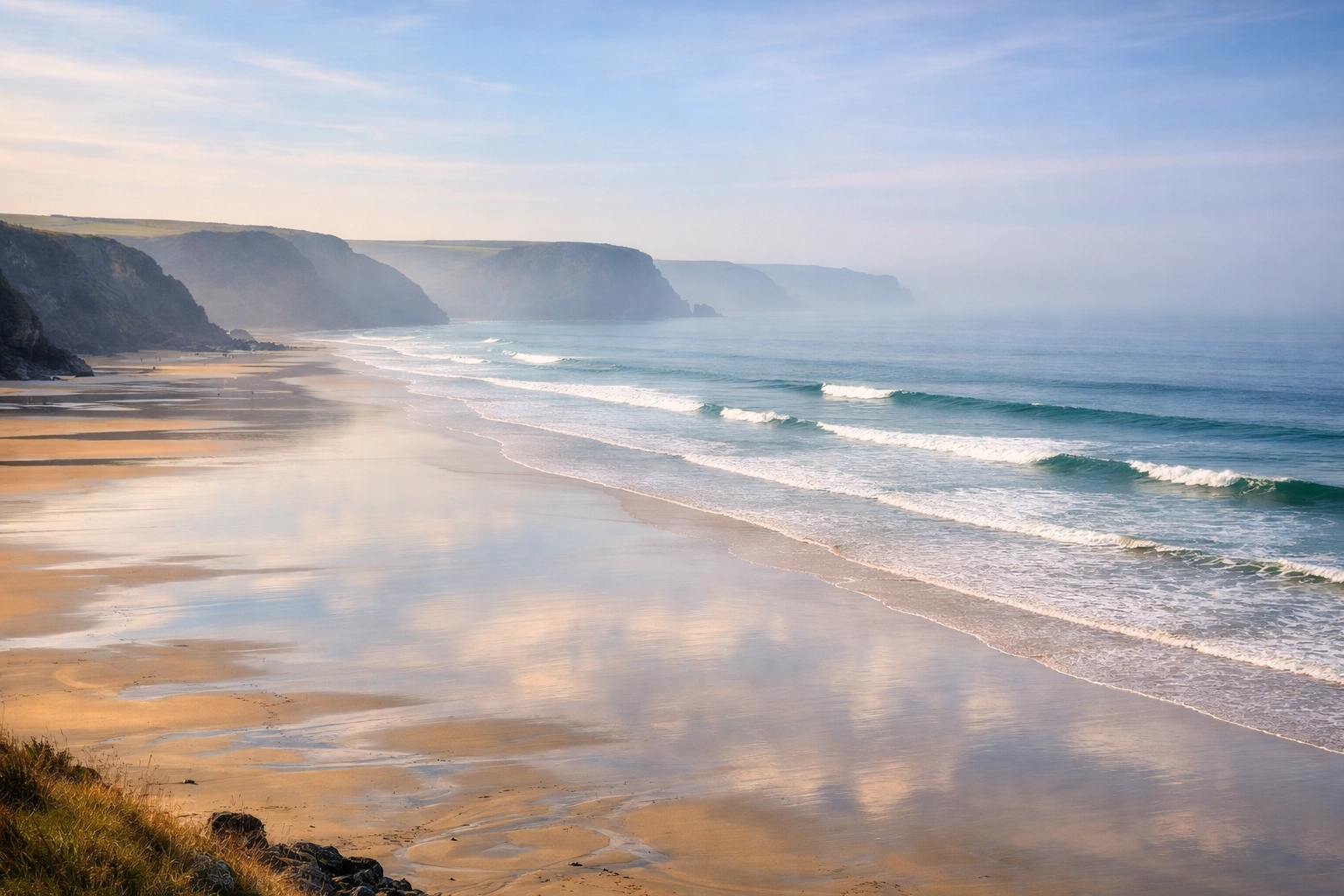 Scenic coastal view of Watergate Bay, Cornwall, a peaceful location for scattering ashes.