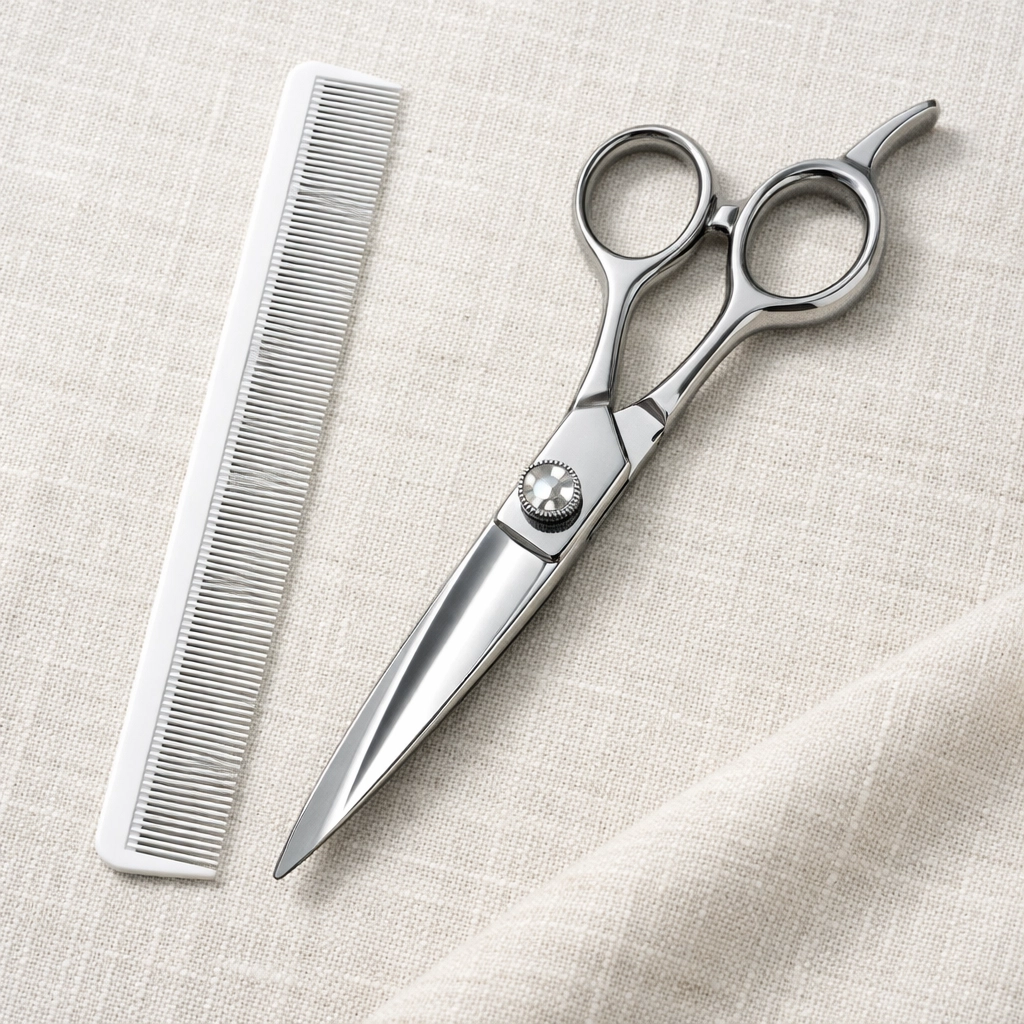 Professional salon shears and comb used for precision hair trims at The Color Lounge Salon & Spa.