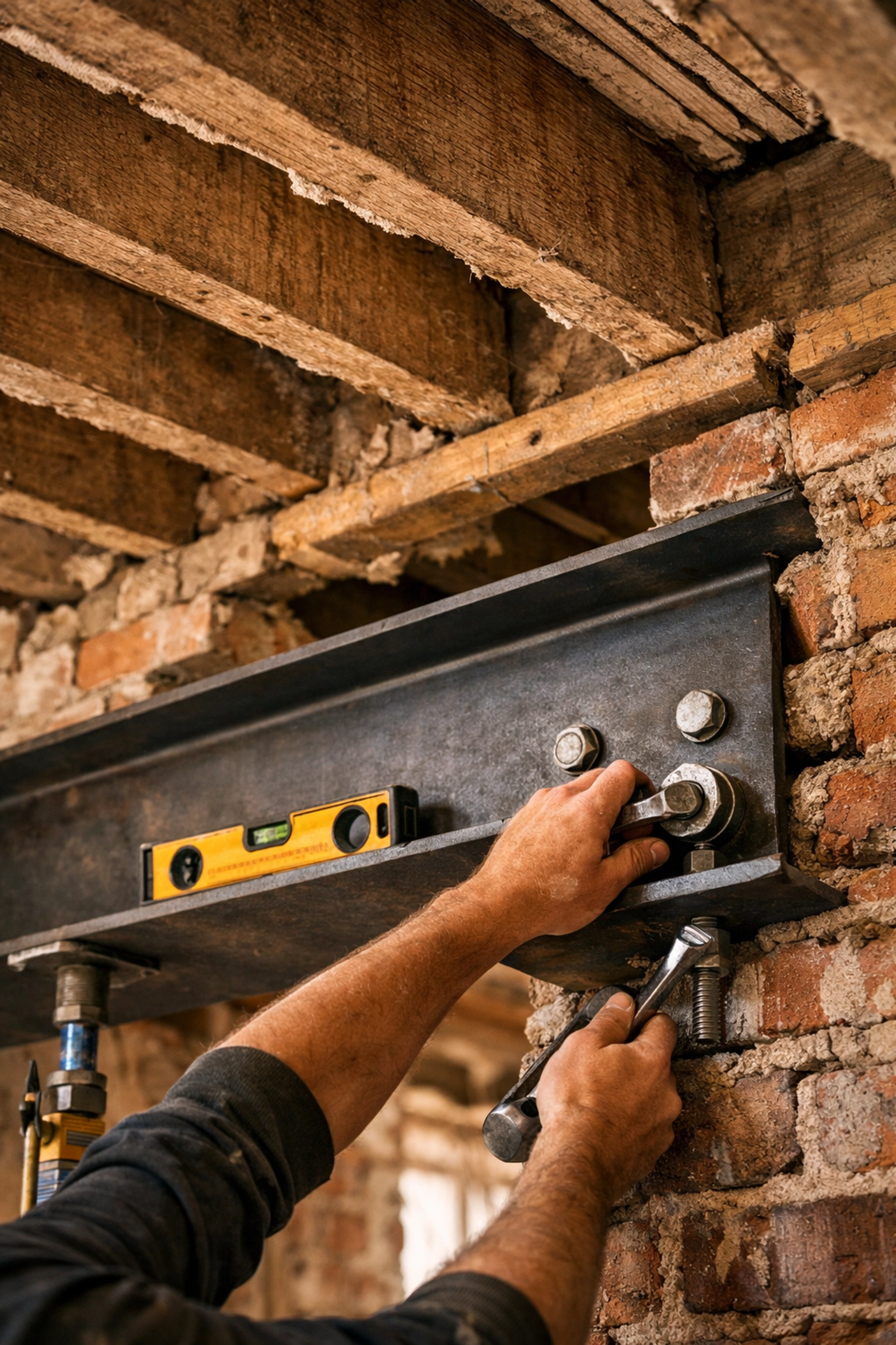 Structural renovation of period property showing exposed timber joists and steel beam installation