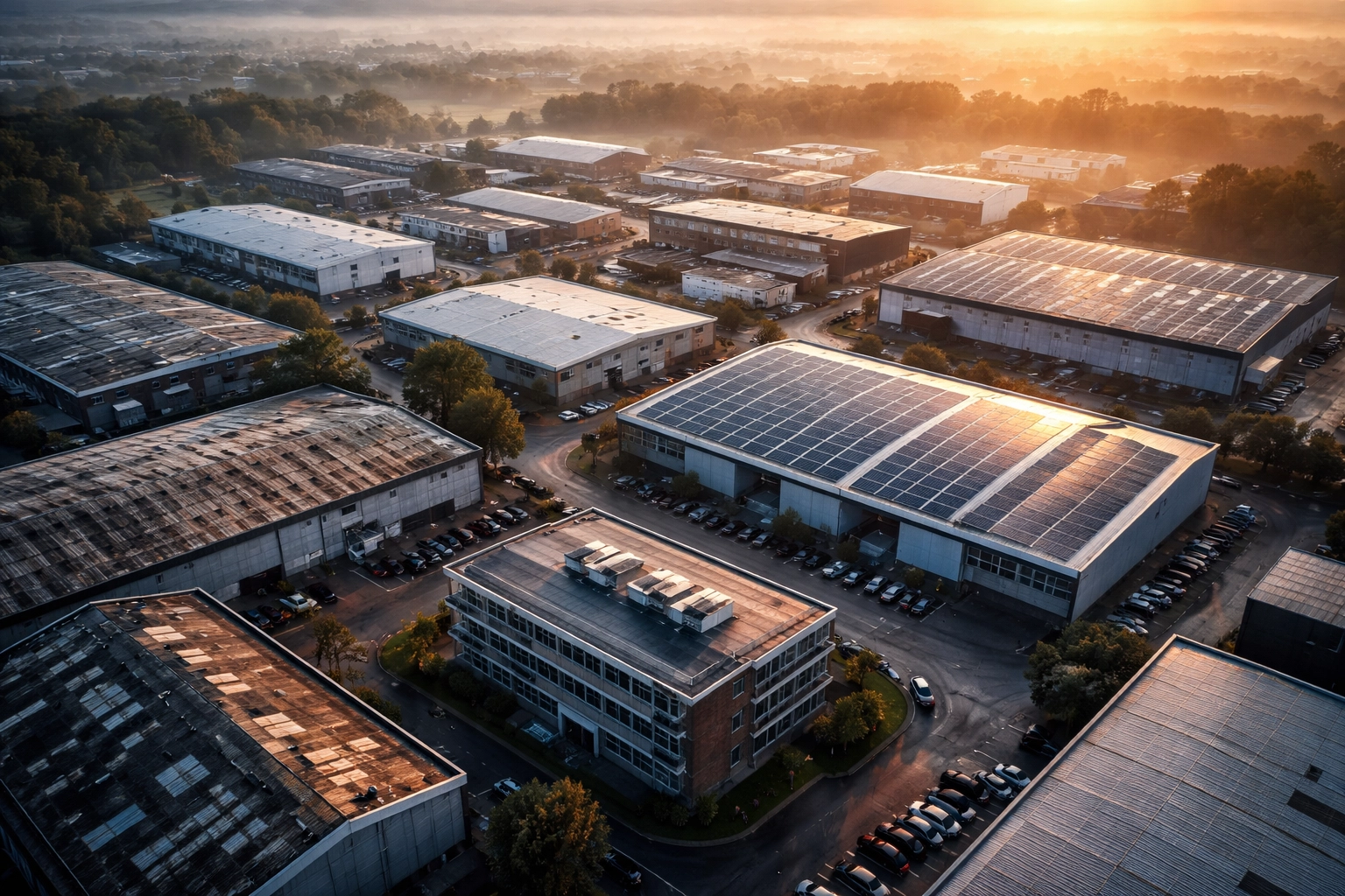Aerial view of UK industrial estate with varied rooftops, highlighting readiness for commercial solar panels