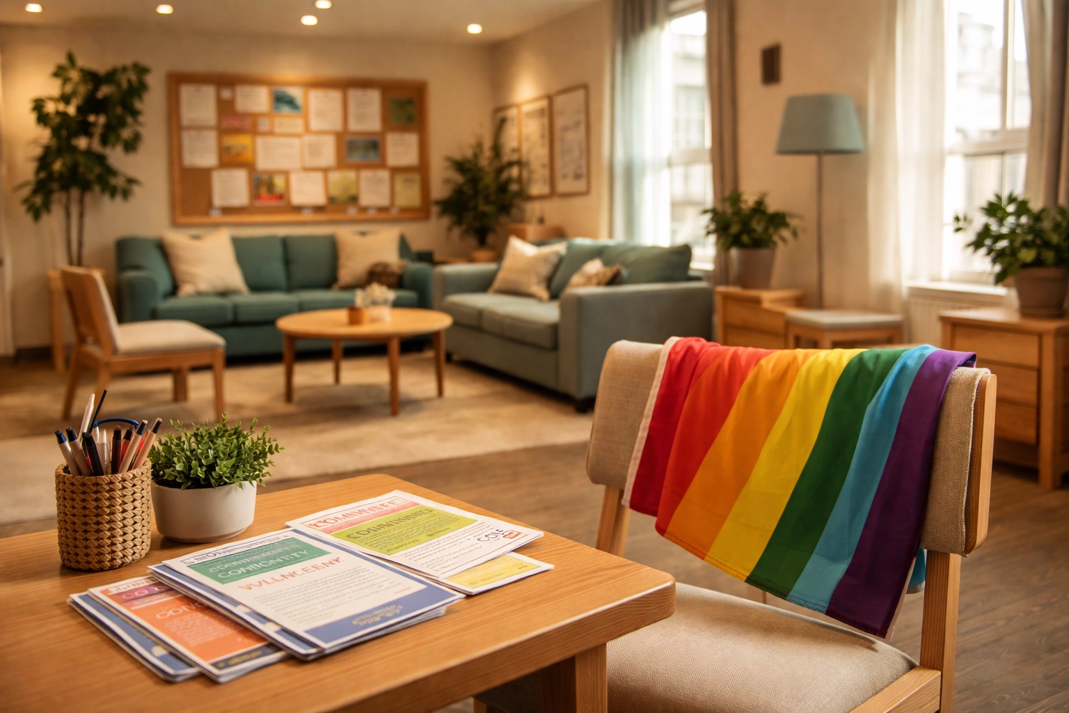 A cozy community center interior with soft lighting, a pride flag draped over a chair, and a stack of community flyers on a wooden table. No people visible.