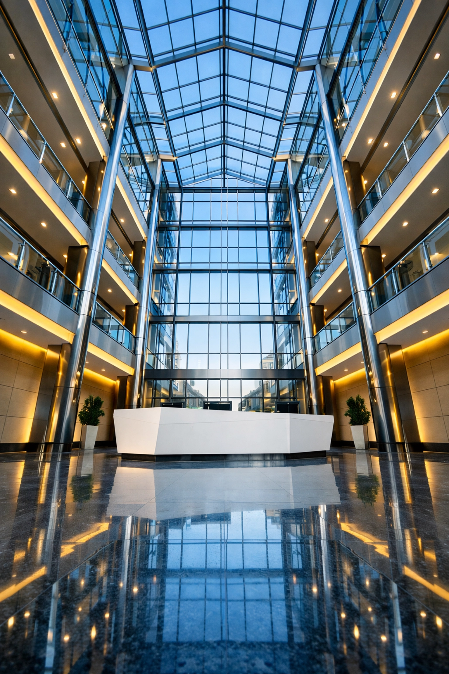 Polished corporate lobby in a Framingham business park featuring spotless glass and shiny floors.