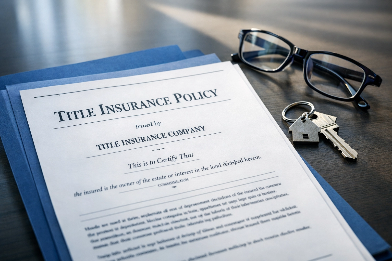 Title insurance policy document with house keys protecting Florida homeowners from deed fraud