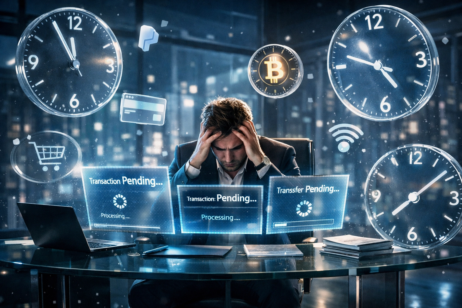 Frustrated business owner waiting for delayed crypto payment settlement with pending status