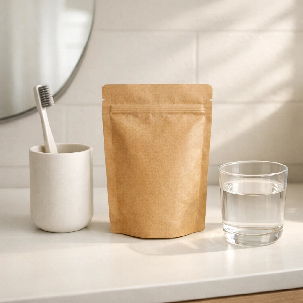 Bathroom counter with supplement pouch next to toothbrush for daily reminder visibility