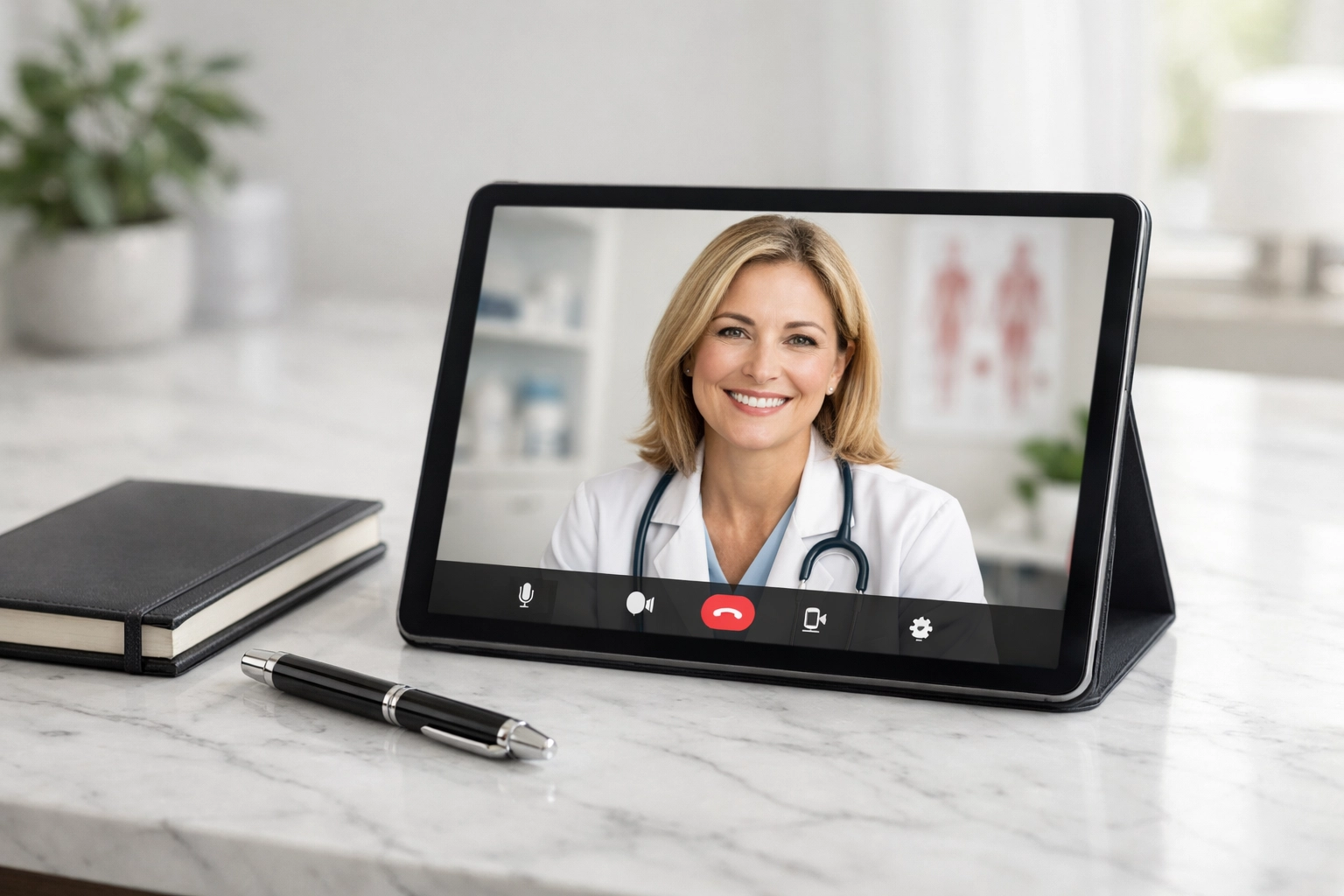 Telemedicine consultation with an online weight loss doctor on a tablet, highlighting professional medical supervision.