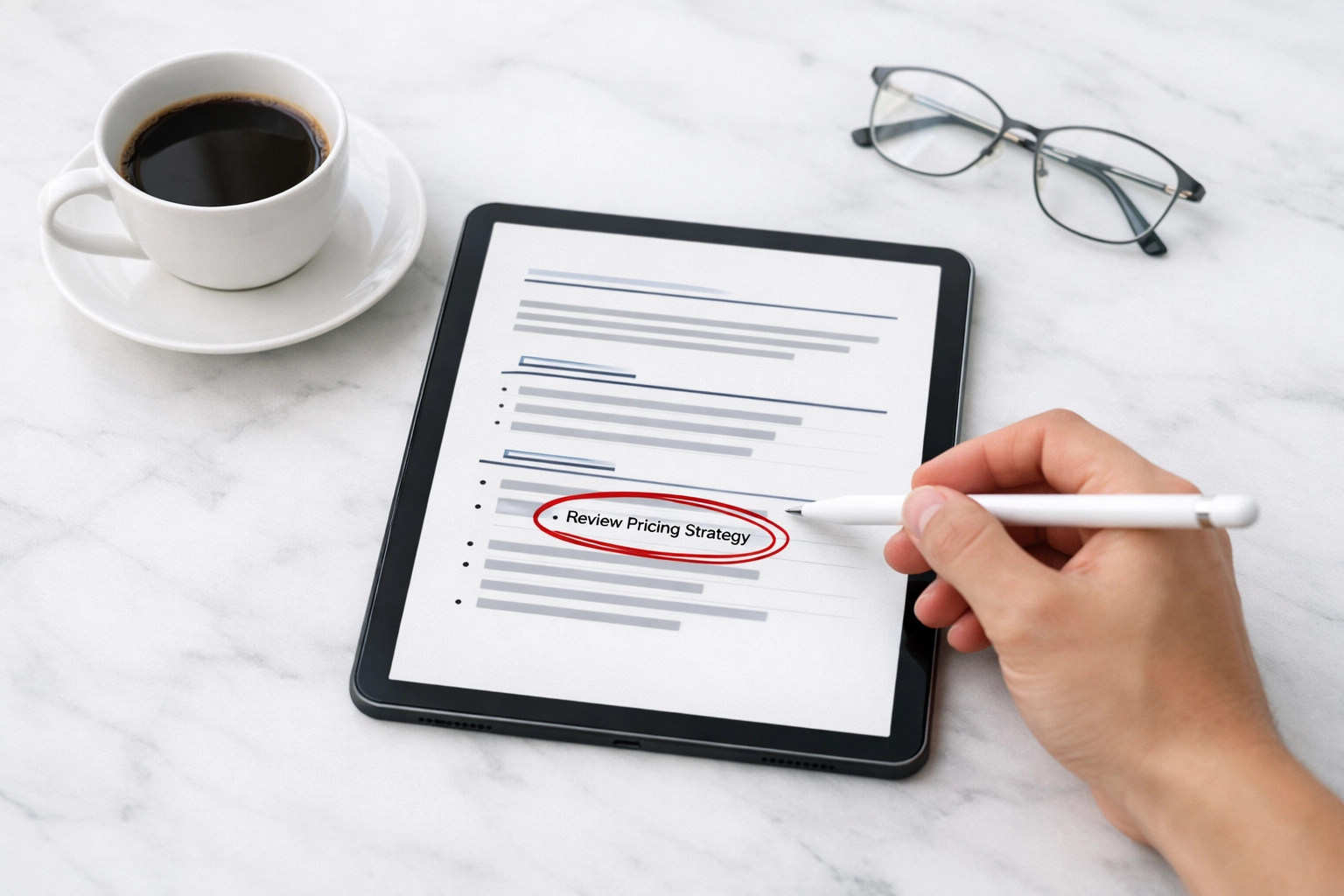A digital offer audit on a tablet used to identify market research gaps before business automation.