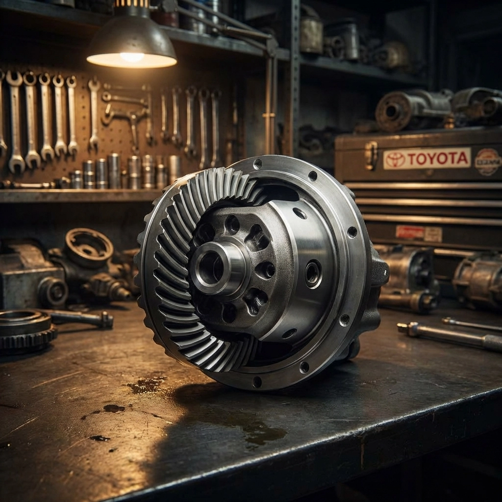 Torsen limited slip differential for Toyota Altezza displayed on garage workbench, essential for OEM enthusiasts