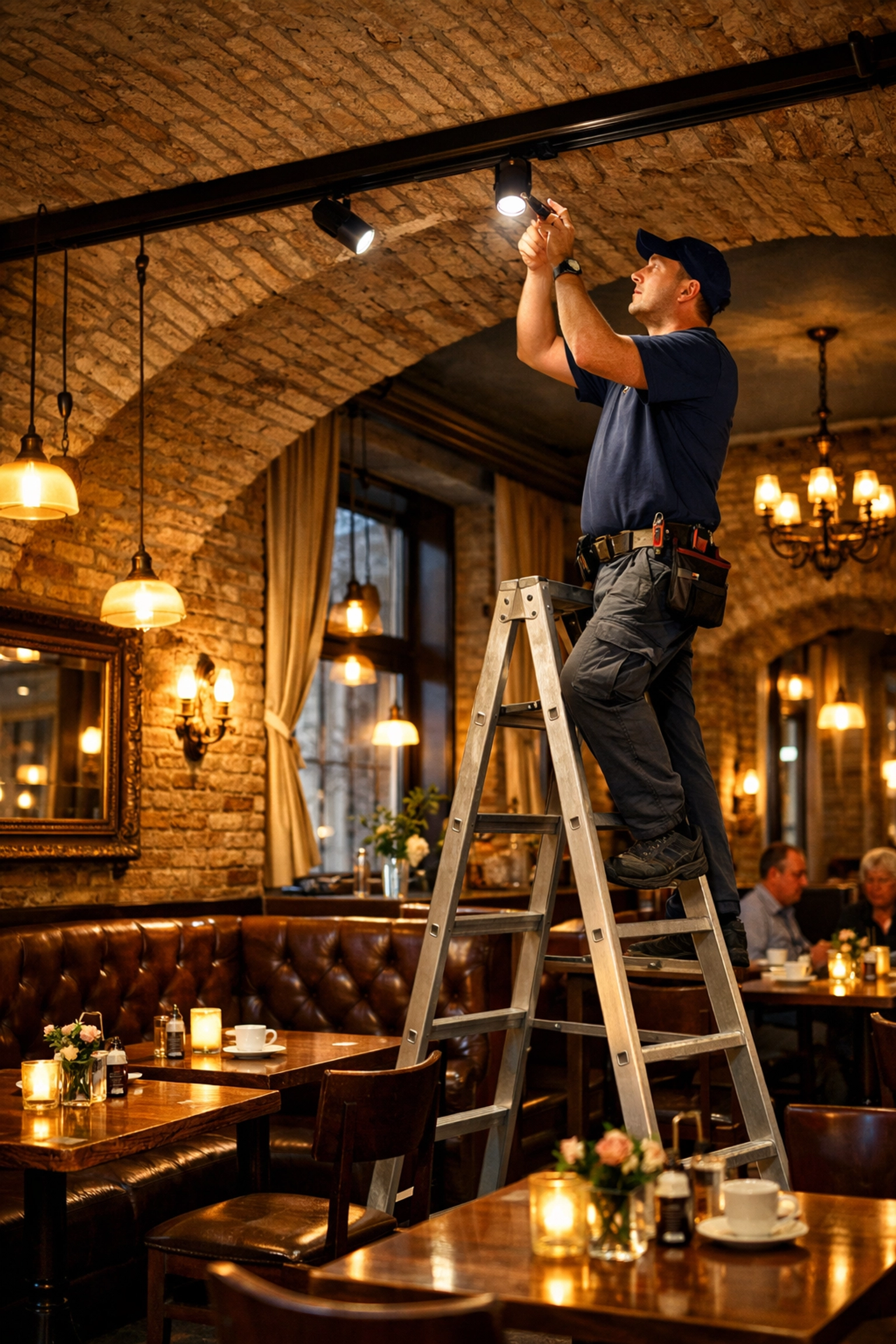 Elektriker installiert Beleuchtung in Wiener Café im 1. Bezirk