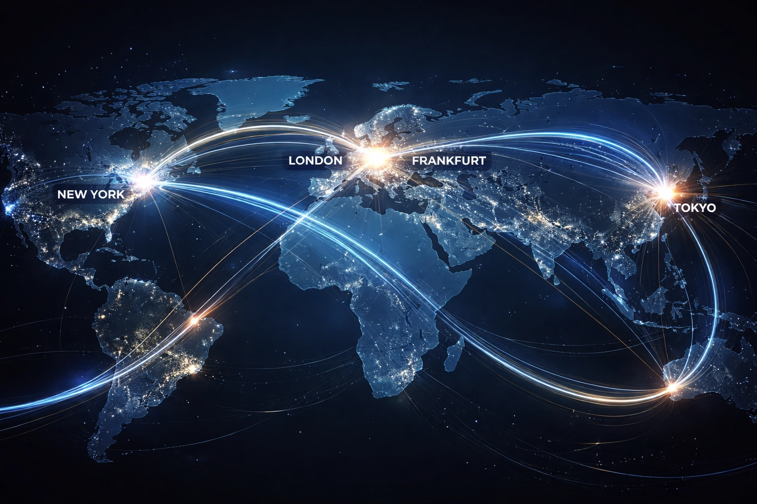 Global financial centers connected by glowing lines, representing international hedge fund diversification strategies