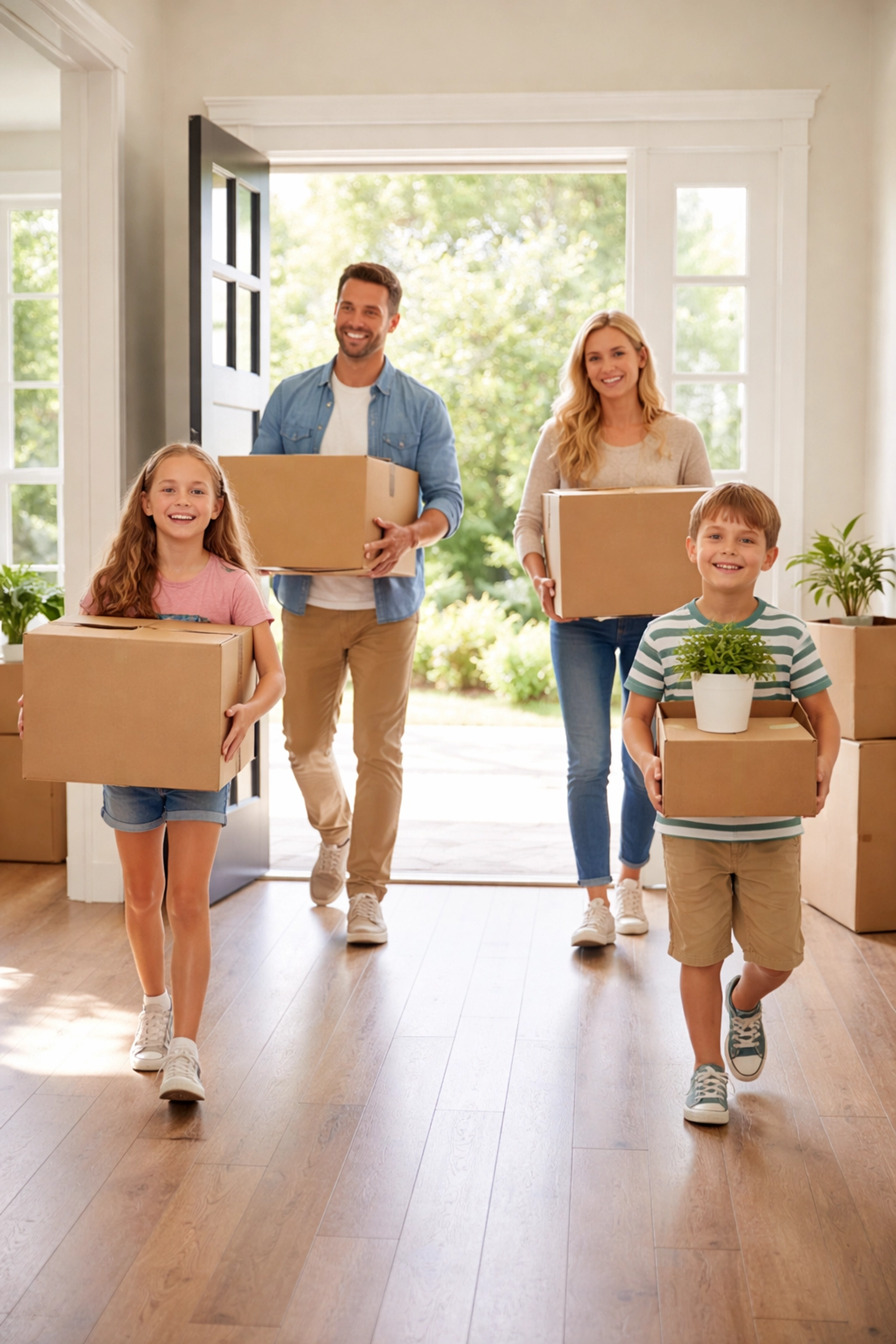 Family carrying moving boxes into a bright new Denver-area home, symbolizing successful move-up buy