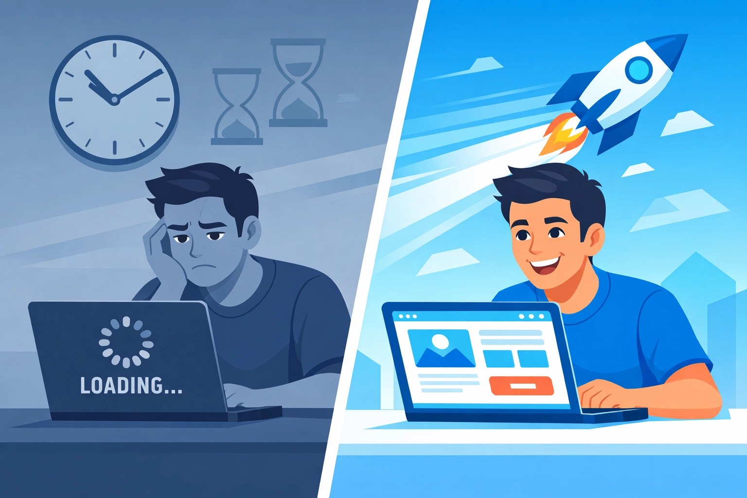 Slow vs fast website loading speed comparison showing impact on user experience and conversions
