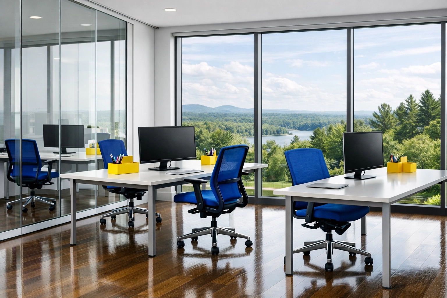Clean modern office in Massachusetts featuring polished floors and dust-free professional workspaces.