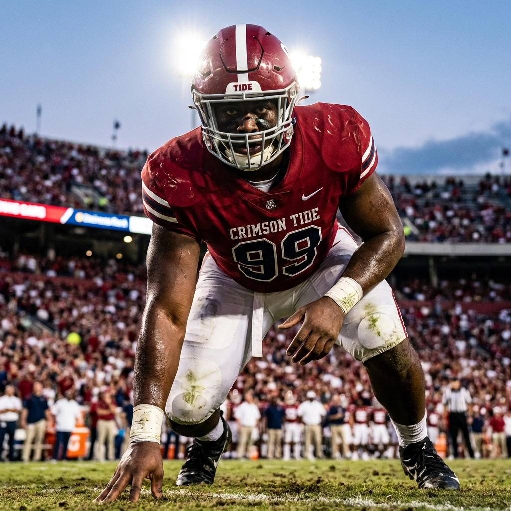College football defensive lineman in action under stadium lights, symbolizing Ole Miss defensive front changes