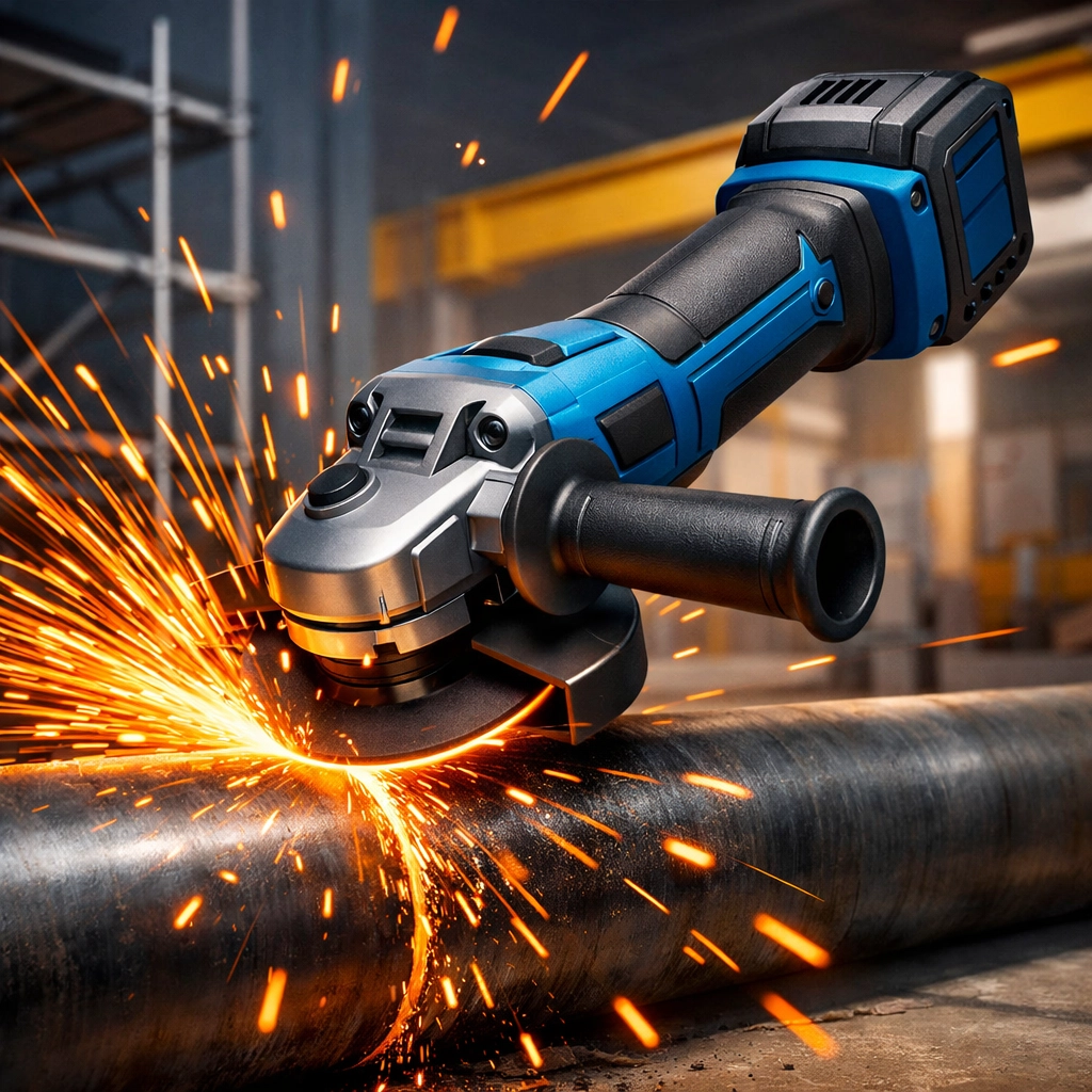 Cordless angle grinder cutting through industrial steel pipe on a heavy-duty construction site.