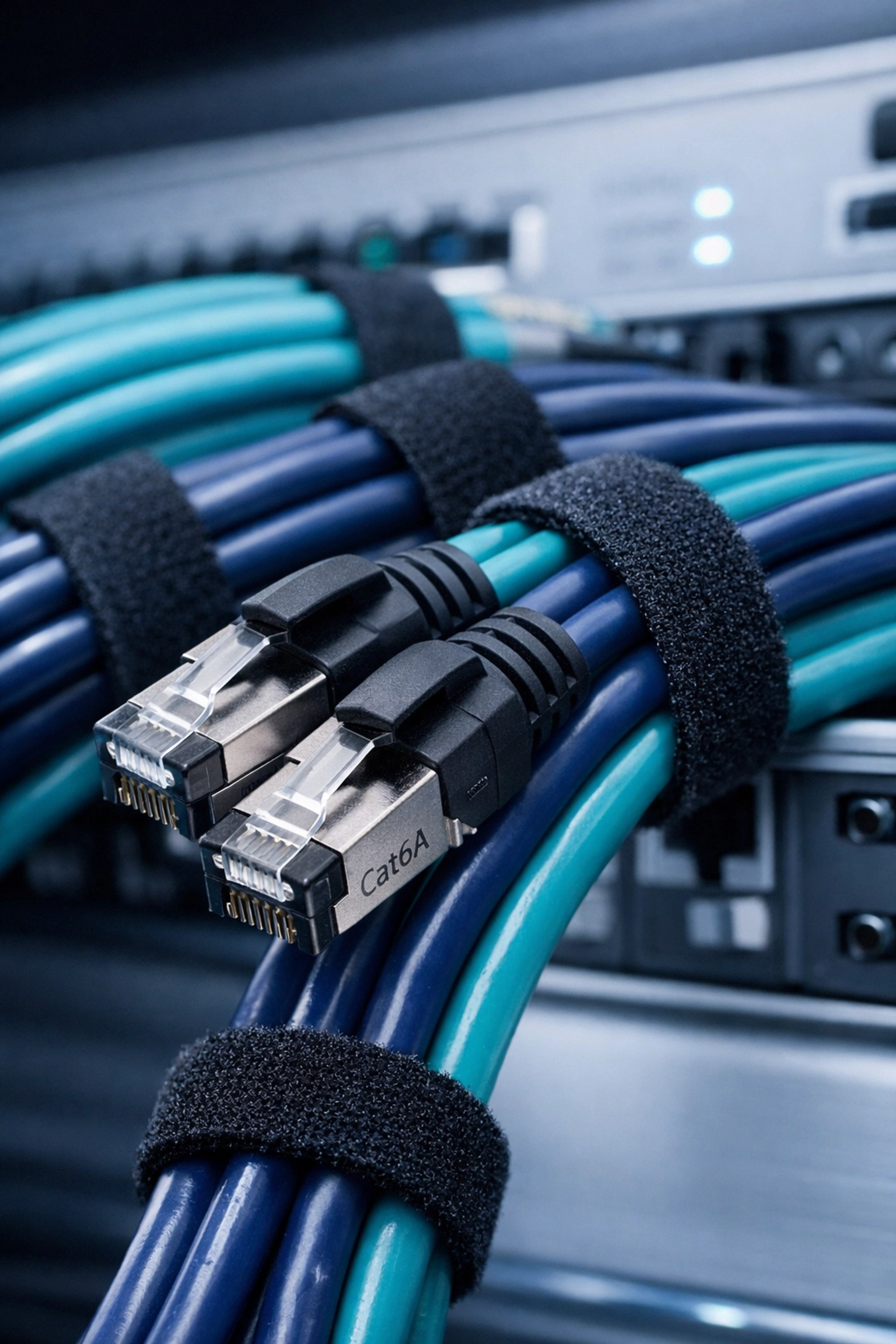 Professional network installation showing neatly organized Cat6a Ethernet cables for a home network.