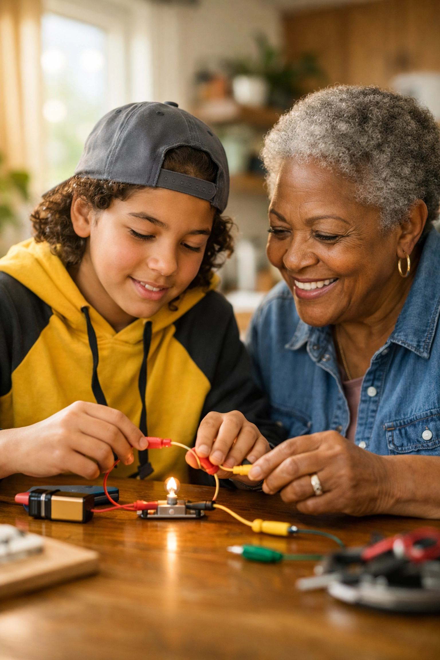 Diverse student and grandmother collaborate on a hands-on STEM project at home, highlighting community-centered education.