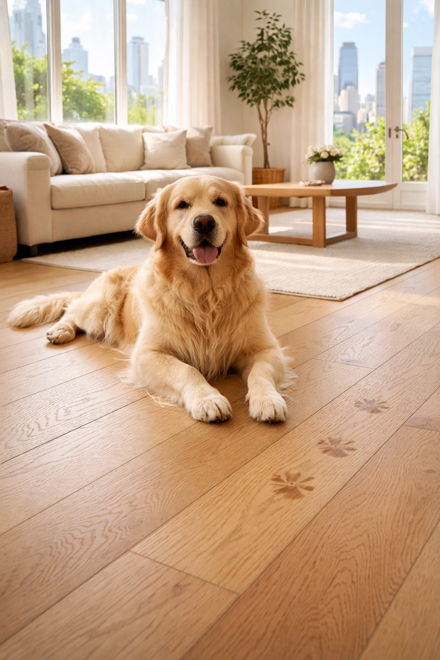 Golden retriever relaxing on matte white oak hardwood floors in a modern Chicago living room, showcasing pet-friendly durability.