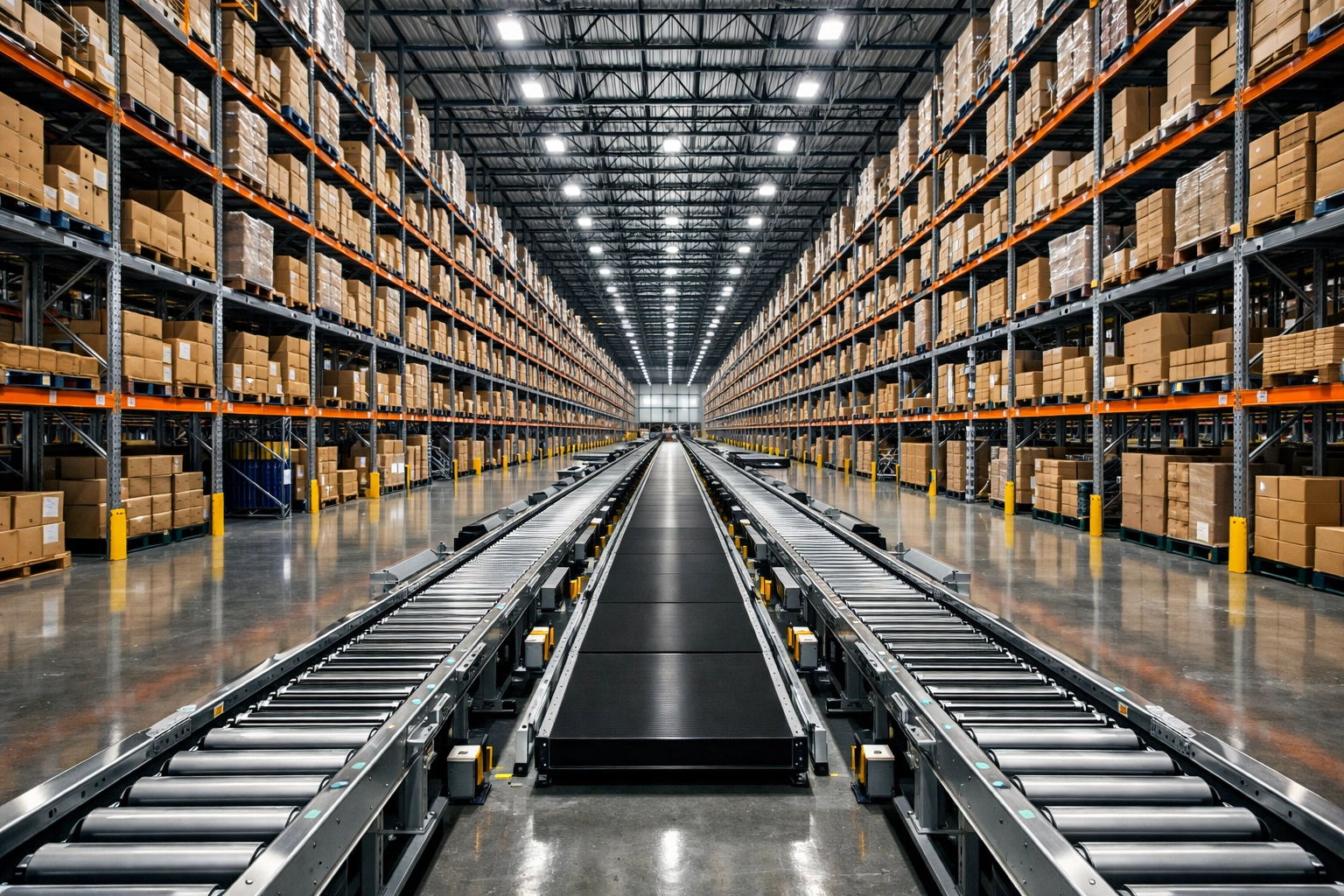 Automated picking system and high-density industrial racks in a modern ecommerce fulfillment center.