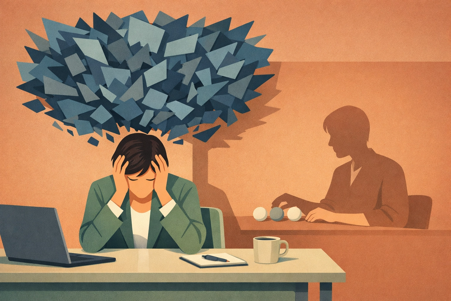 Modern illustration showing the mental effort of masking and sensory overload from digital notifications at work.