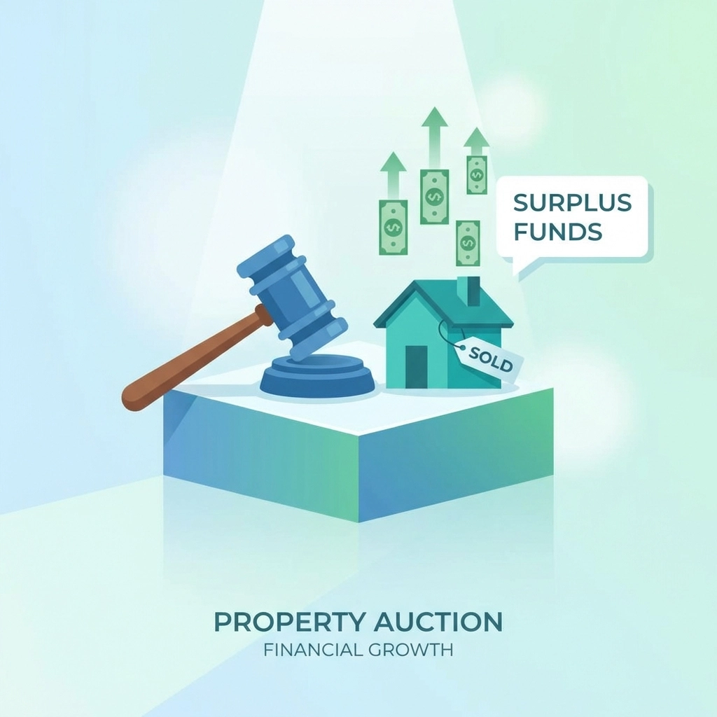 Flat illustration of a house auction with surplus funds, highlighting foreclosure surplus scams and legal opportunities in 2026