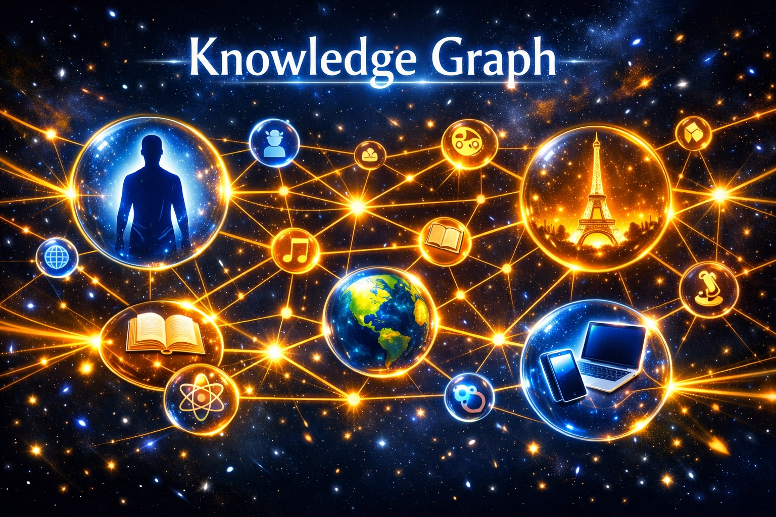 A digital knowledge graph constellation showing connected brand entities for AI search visibility.