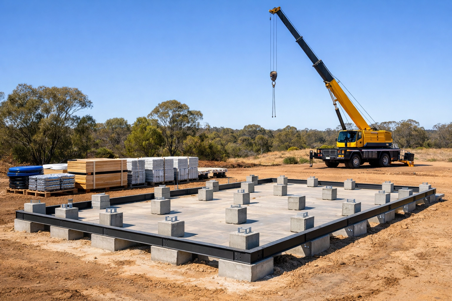 Modular home site preparation with foundation piers and construction materials in Australia