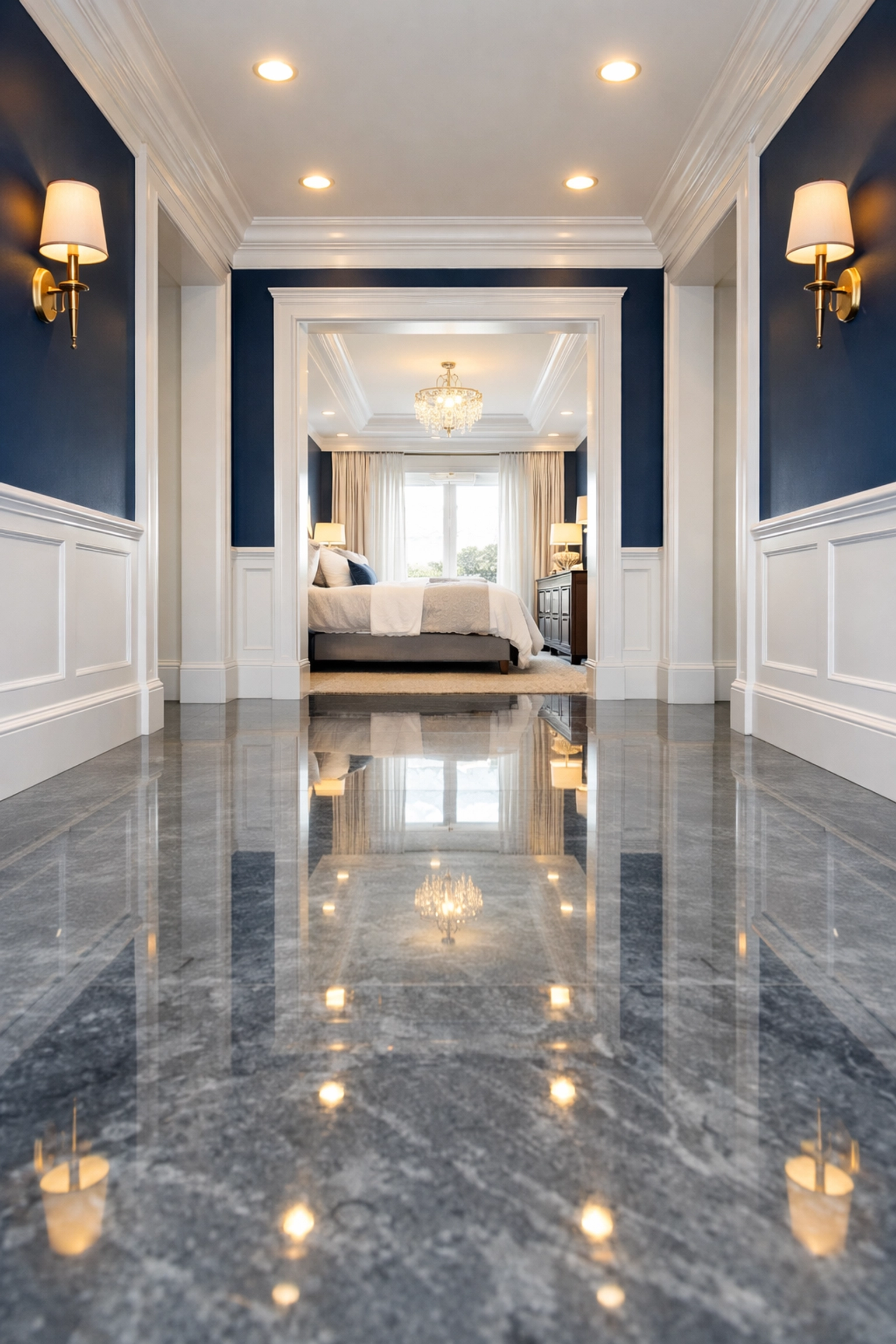 Impeccably clean and polished stone hallway floor in a luxury home after professional post-reno cleaning.