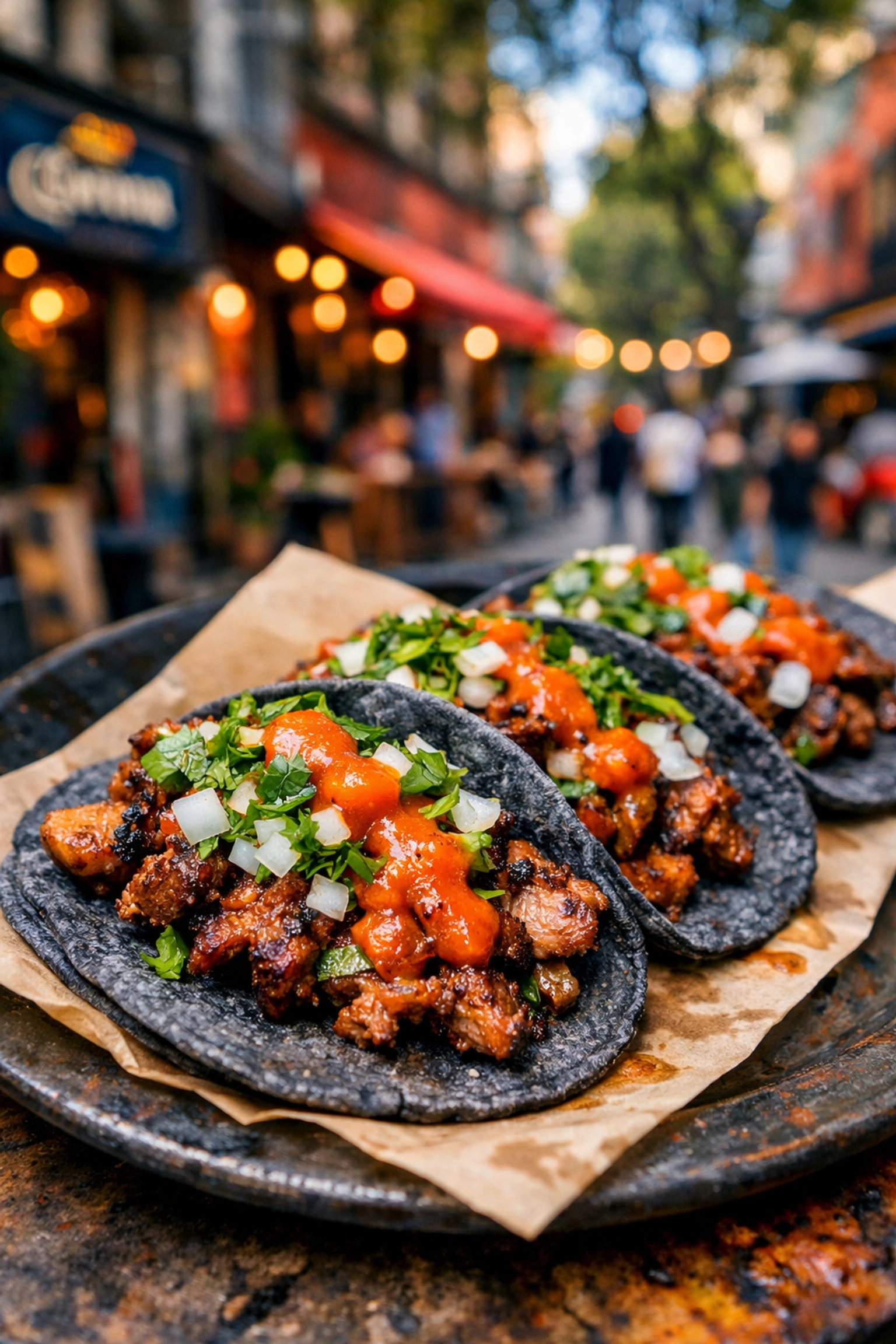 Authentic blue corn tacos with grilled meat and fresh salsa in the vibrant Roma Norte neighborhood.