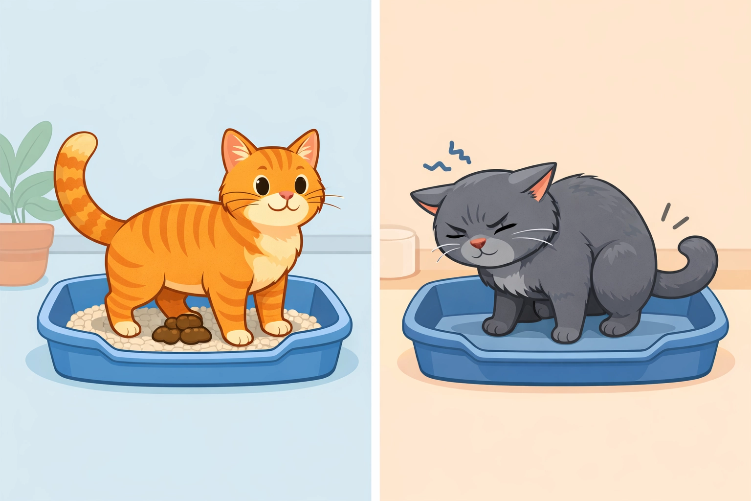 Comparison of healthy cat using litter box versus constipated cat straining