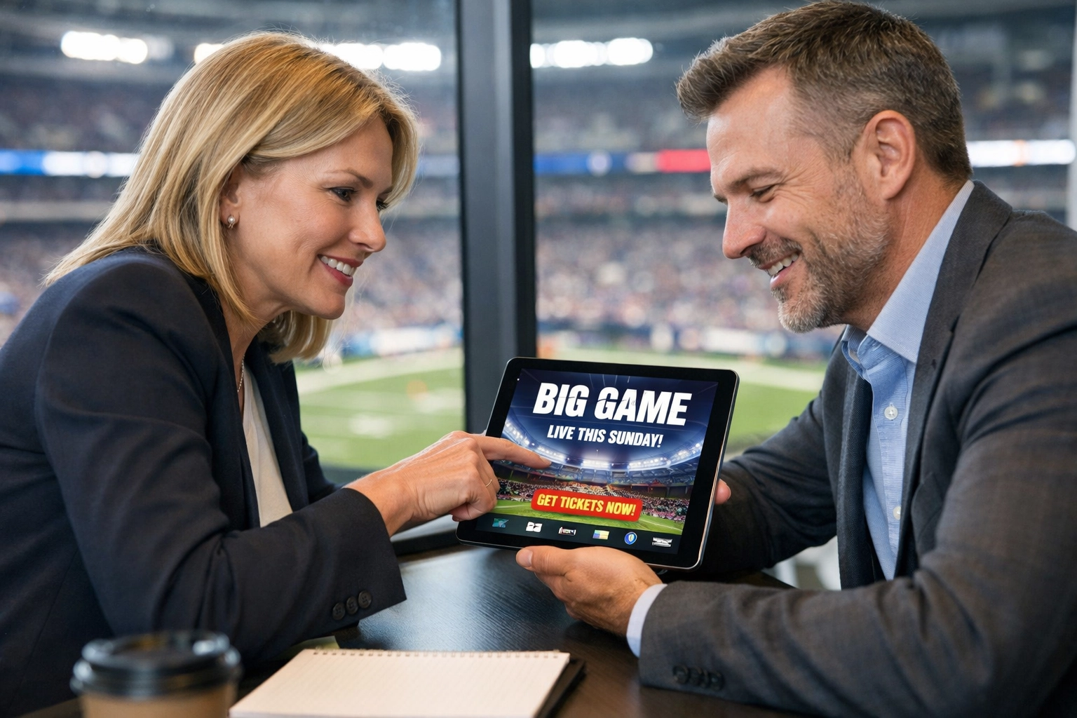 Marketing executives collaborating on a sports advertising layout for a strategic sponsorship campaign.