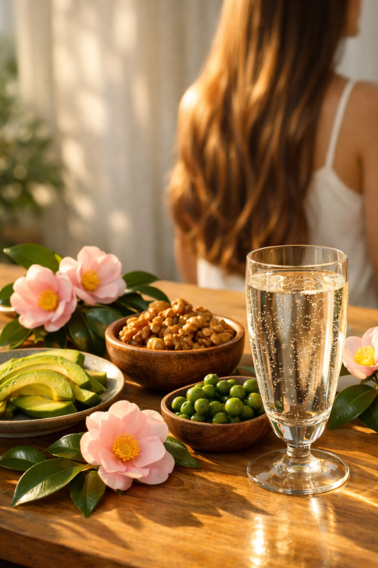 Healthy nutrition and hydration on a minimalist table to support a hair growth routine for healthy hair.