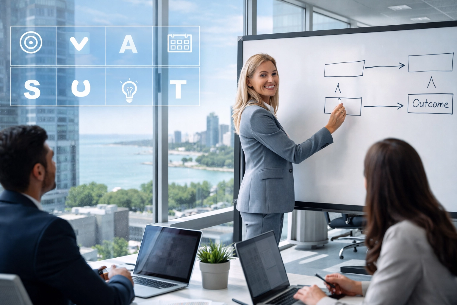 Executive leader in Chicago office guides team on SMART goals, demonstrating clear accountability standards